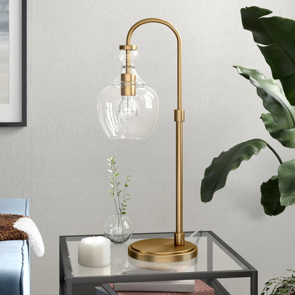 Brass Metal Arched Table Lamp With Clear Dome Shade By Homeroots - Image 3