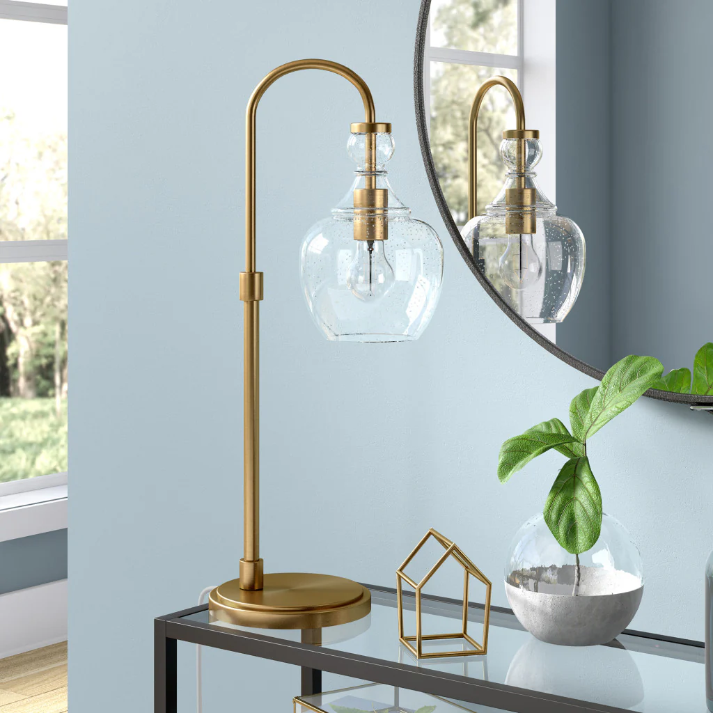 Brass Metal Arched Table Lamp With Clear Seeded Glass Dome Shade By Homeroots - Image 3