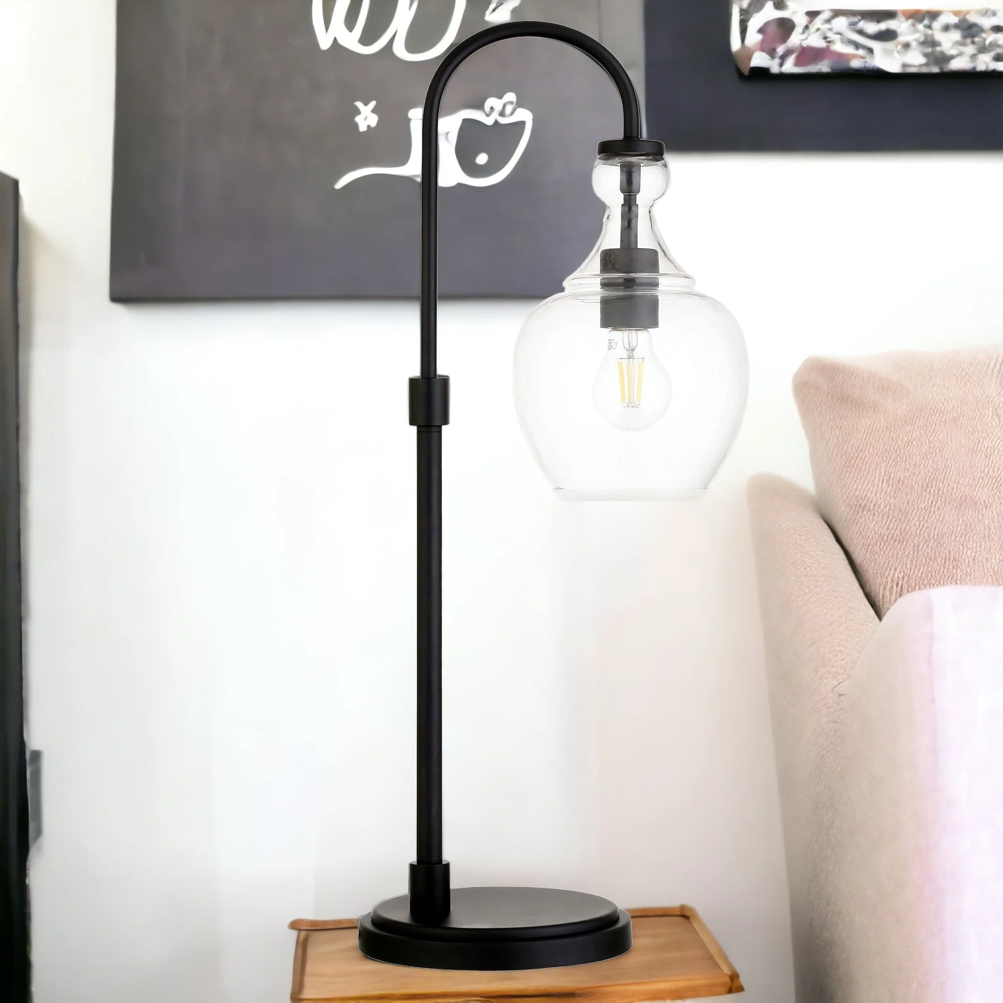 Brass Metal Arched Table Lamp With Clear Seeded Glass Dome Shade By Homeroots - Image 7