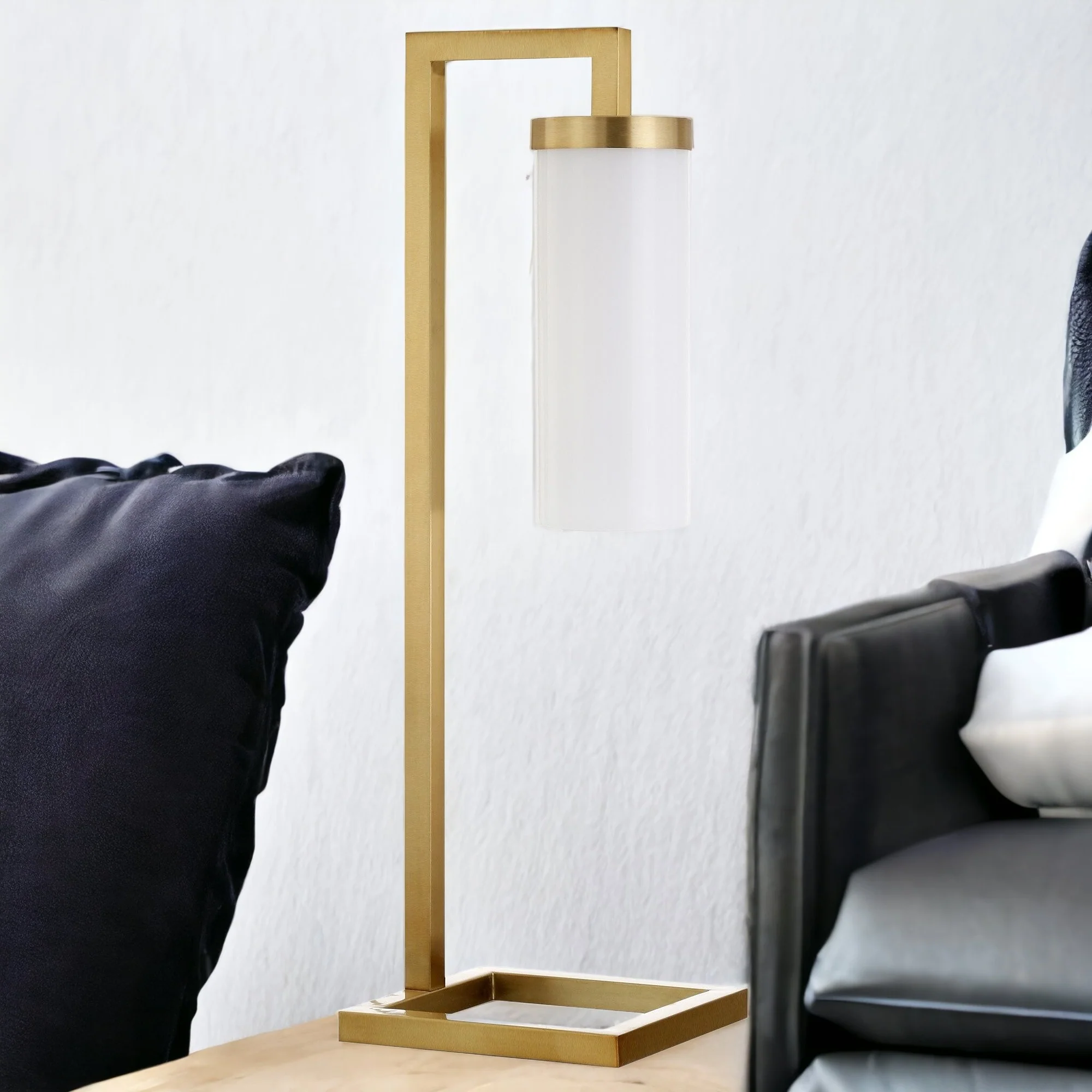 Brass Metal Arched Table Lamp With White Cylinder Shade By Homeroots - Image 2