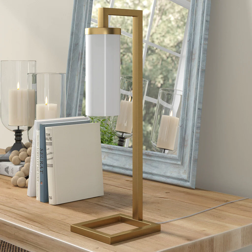Brass Metal Arched Table Lamp With White Cylinder Shade By Homeroots - Image 4