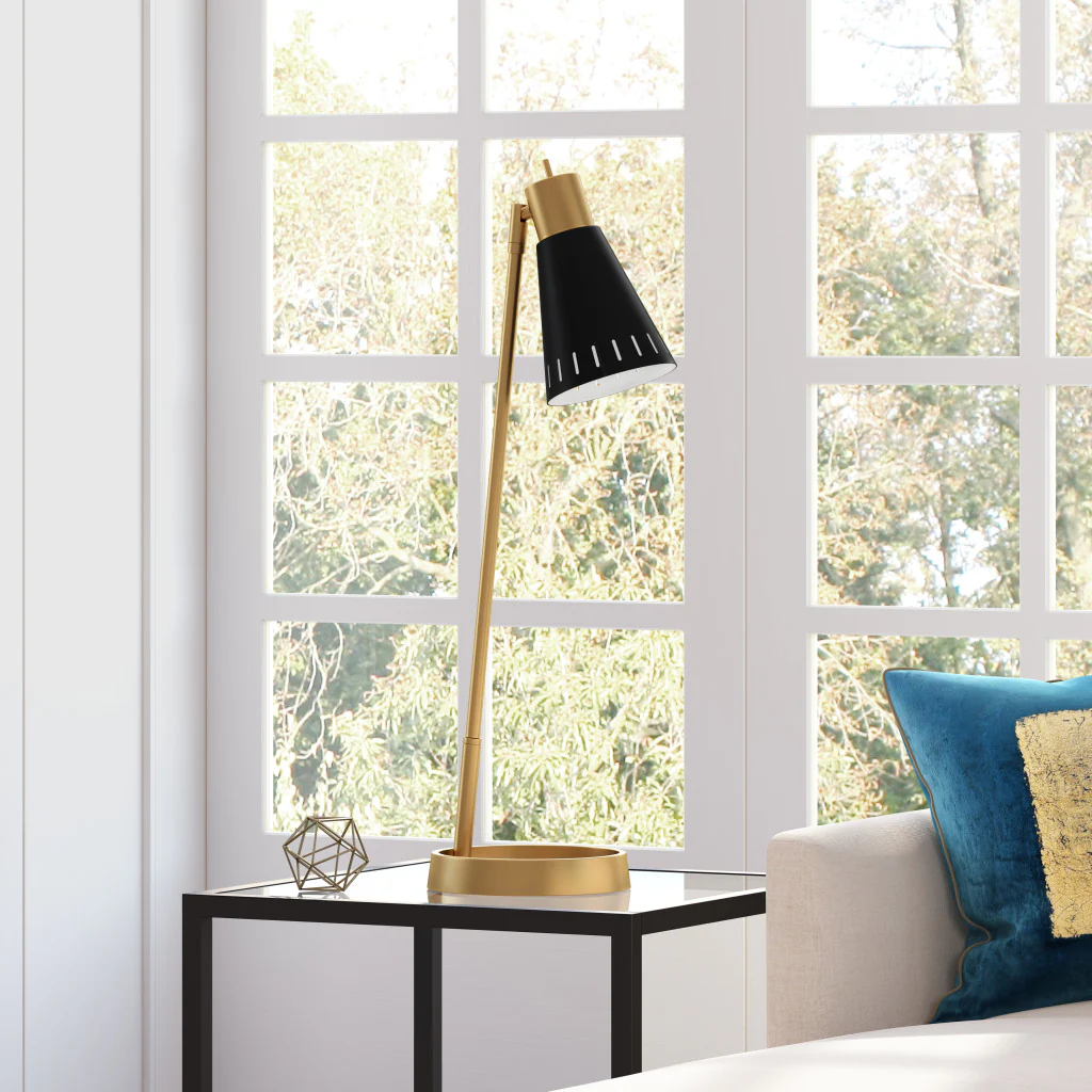 Brass Metal Desk Table Lamp With Black Cone Shade By Homeroots - Image 2