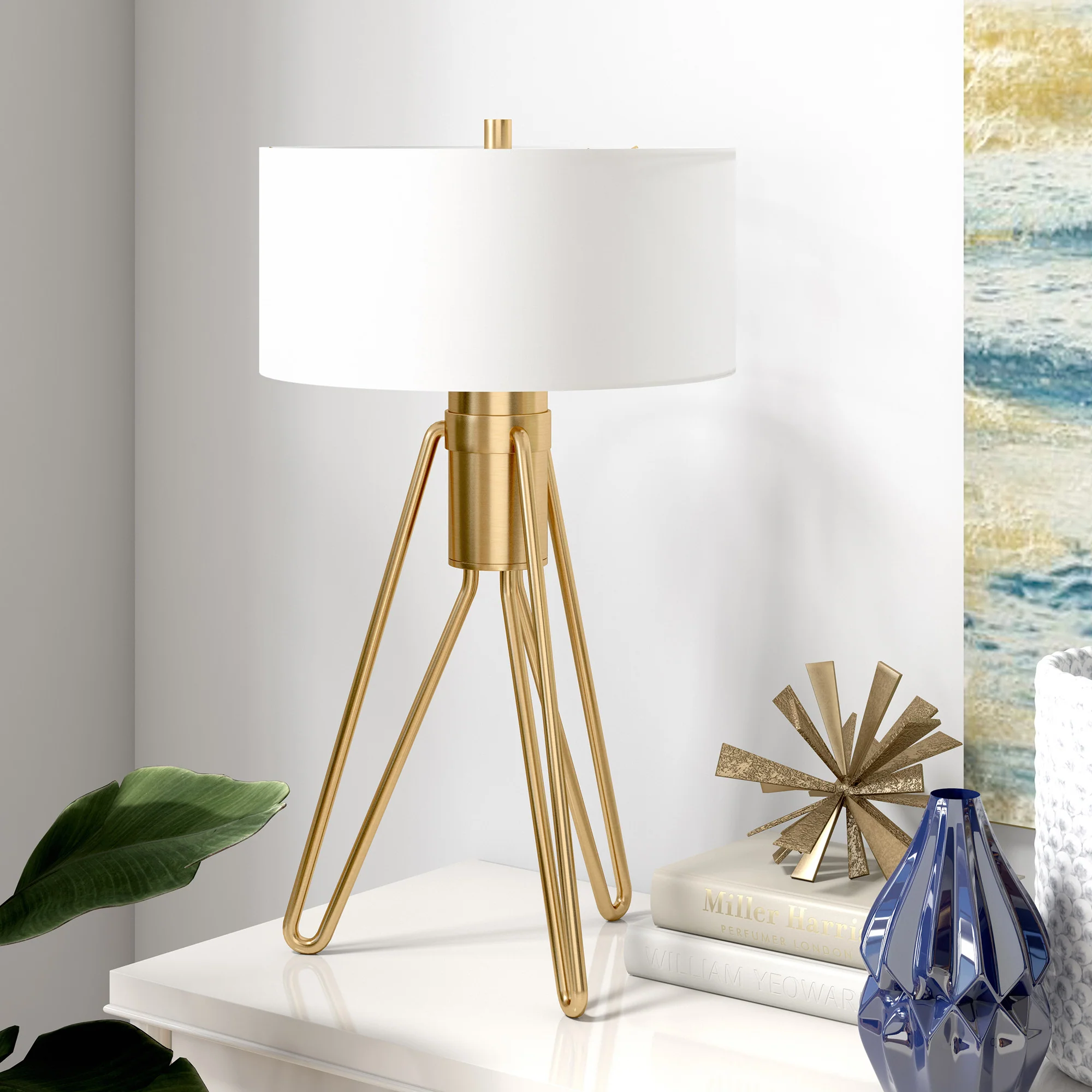 Brass Metal Two Light Tripod Table Lamp With White Drum Shade By Homeroots - Image 3