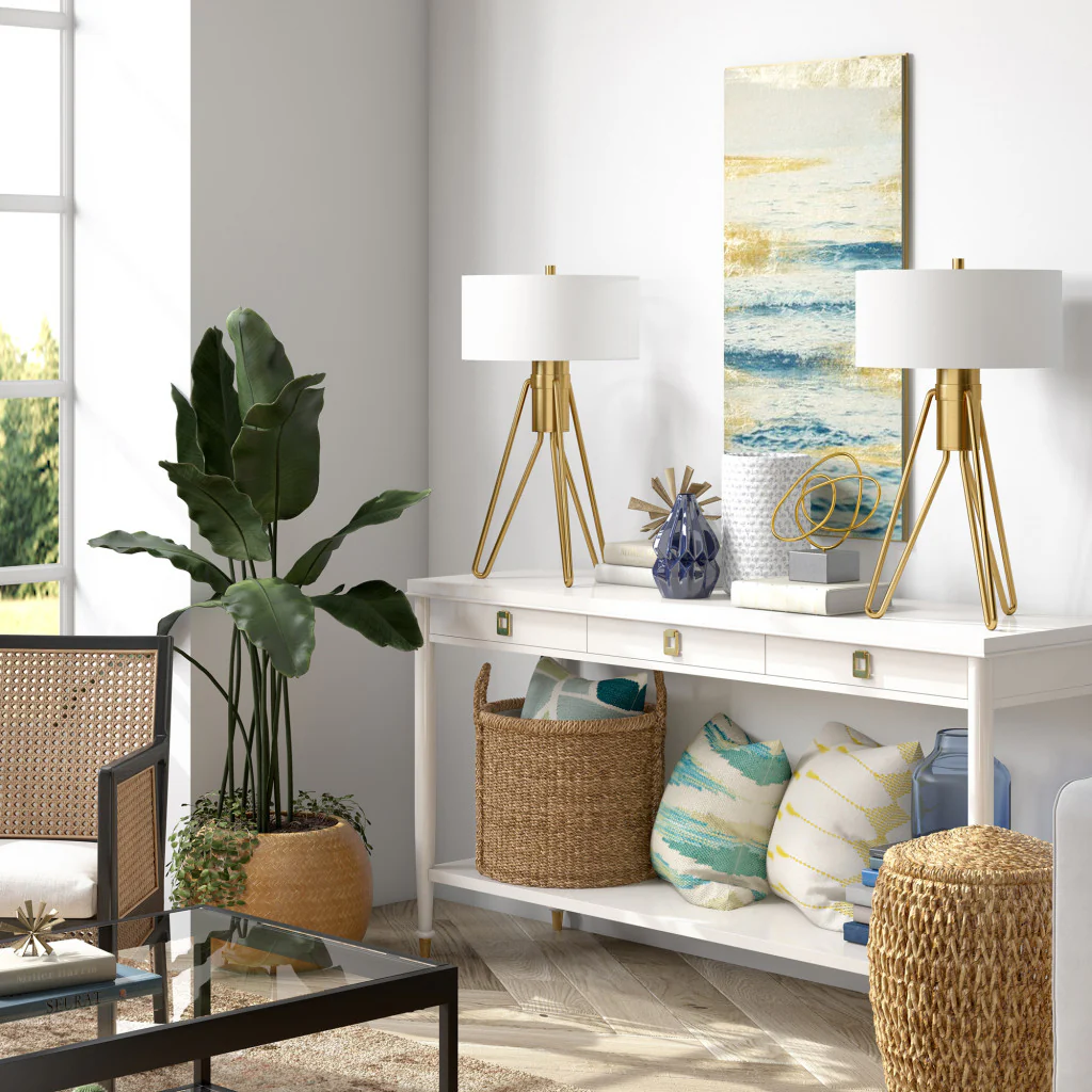 Brass Metal Two Light Tripod Table Lamp With White Drum Shade By Homeroots - Image 4