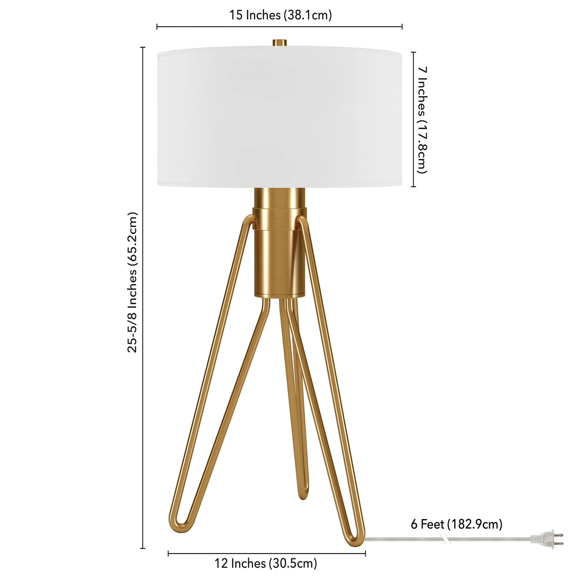 Brass Metal Two Light Tripod Table Lamp With White Drum Shade By Homeroots - Image 5