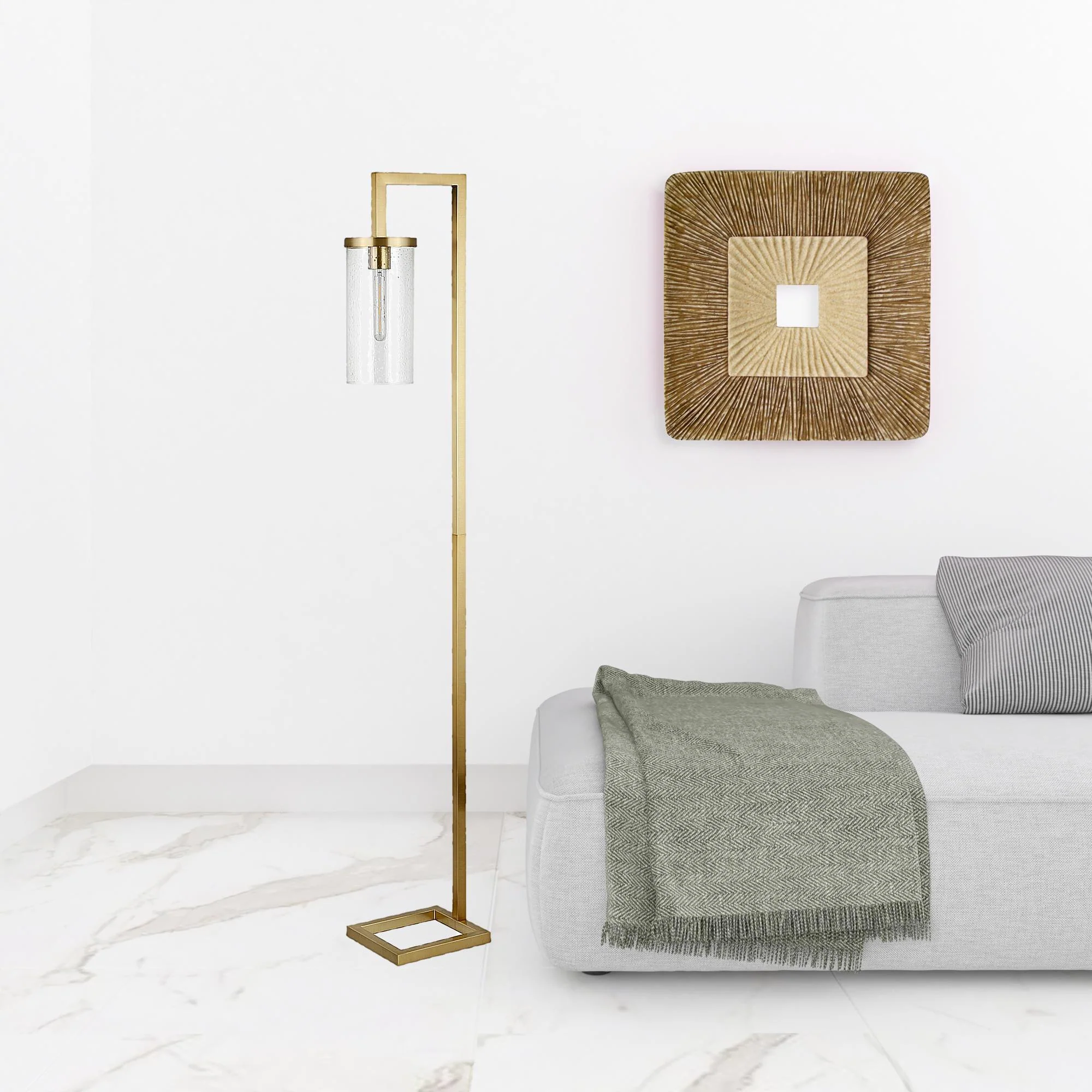 Brass Reading Floor Lamp With Clear Seeded Glass Drum Shade By Homeroots - Image 3