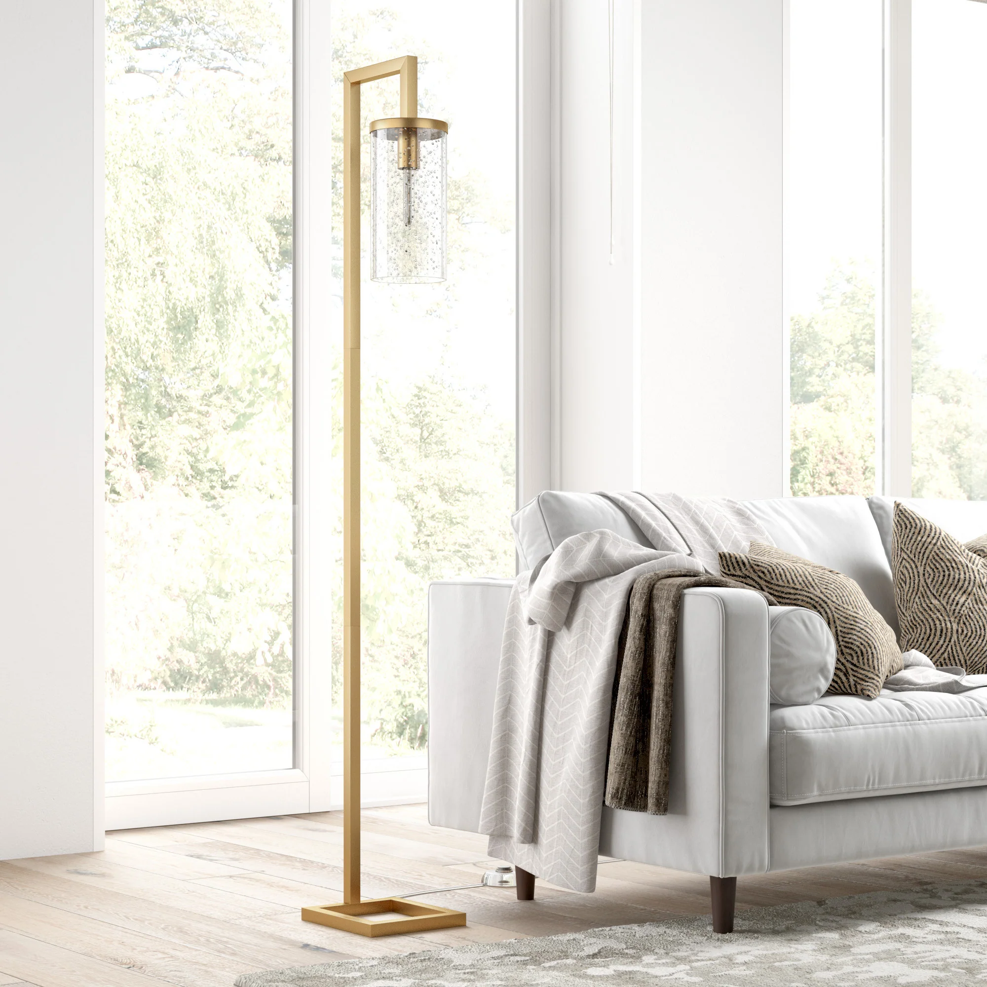 Brass Reading Floor Lamp With Clear Seeded Glass Drum Shade By Homeroots - Image 4