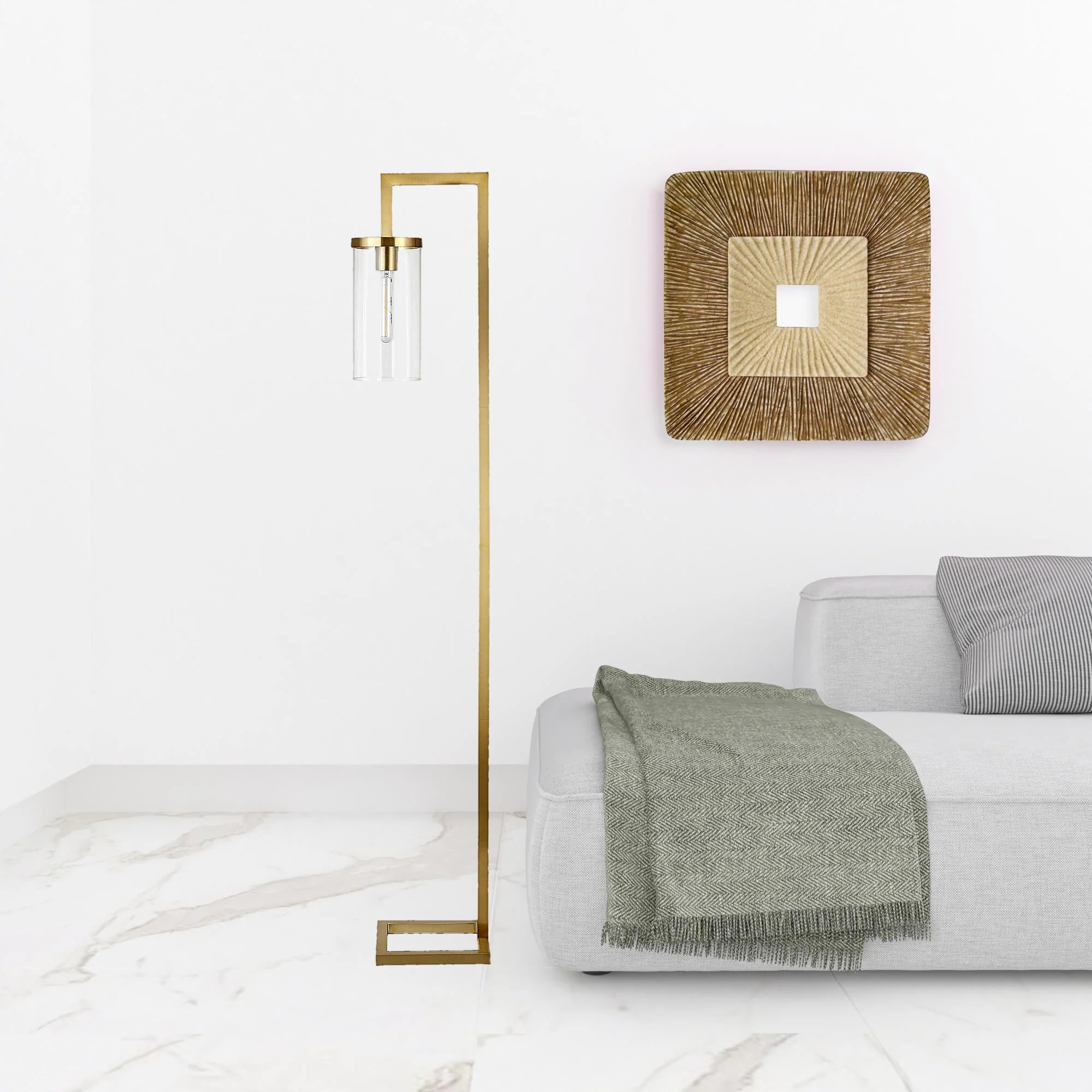 Brass Reading Floor Lamp With Clear Transparent Glass Drum Shade By Homeroots - Image 3