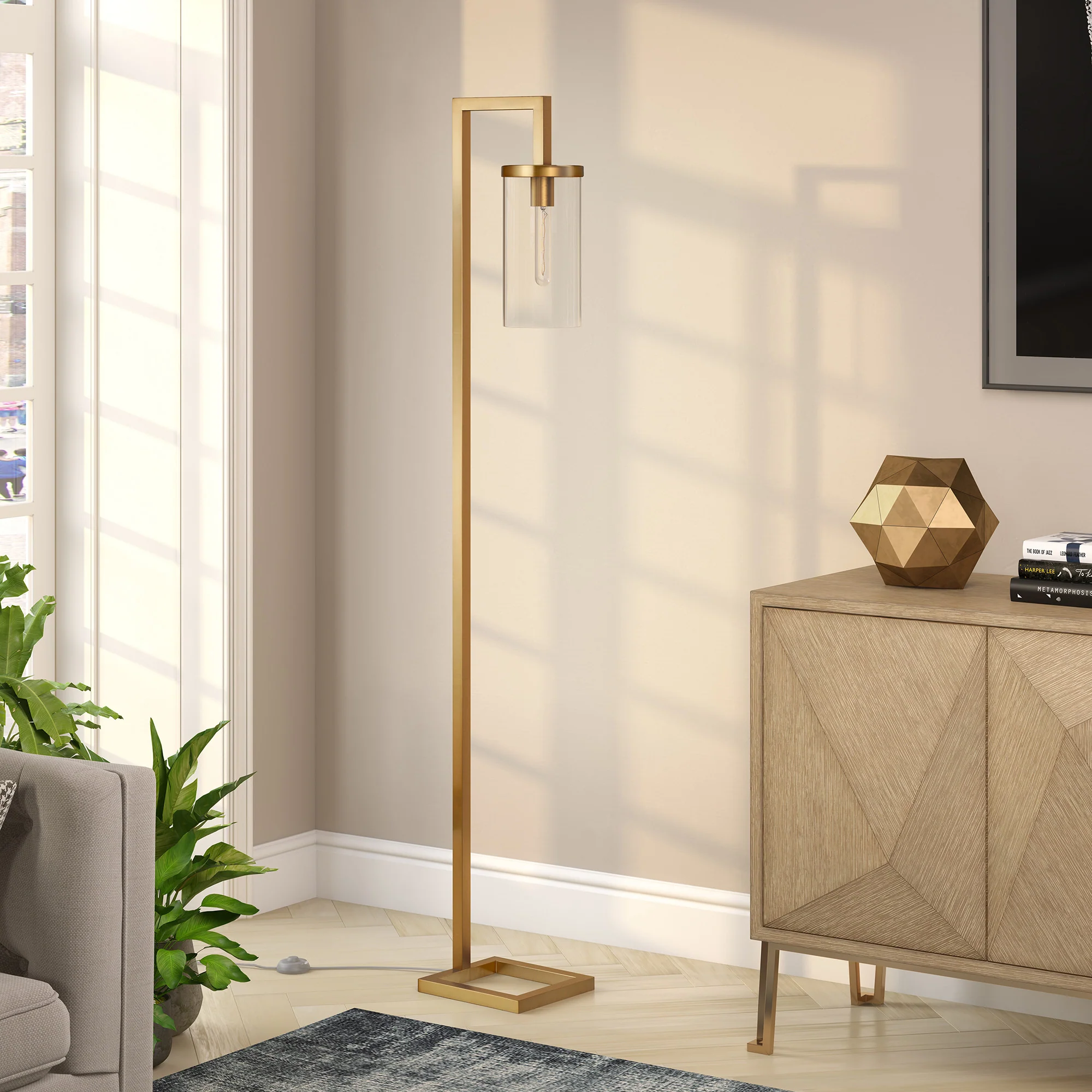 Brass Reading Floor Lamp With Clear Transparent Glass Drum Shade By Homeroots - Image 5