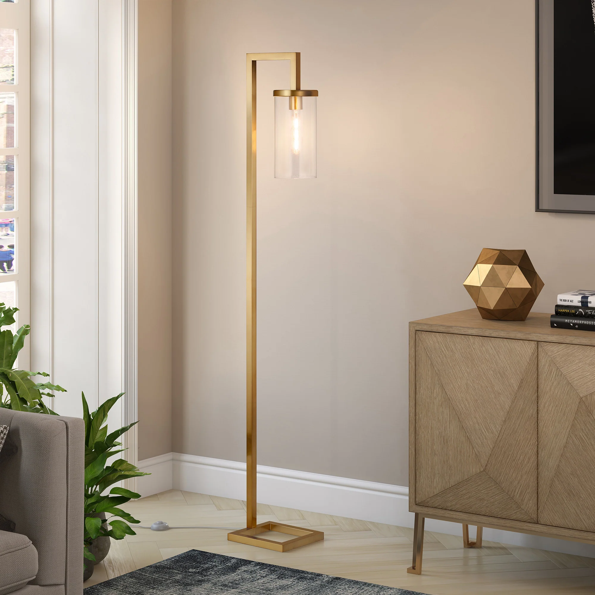 Brass Reading Floor Lamp With Clear Transparent Glass Drum Shade By Homeroots - Image 6