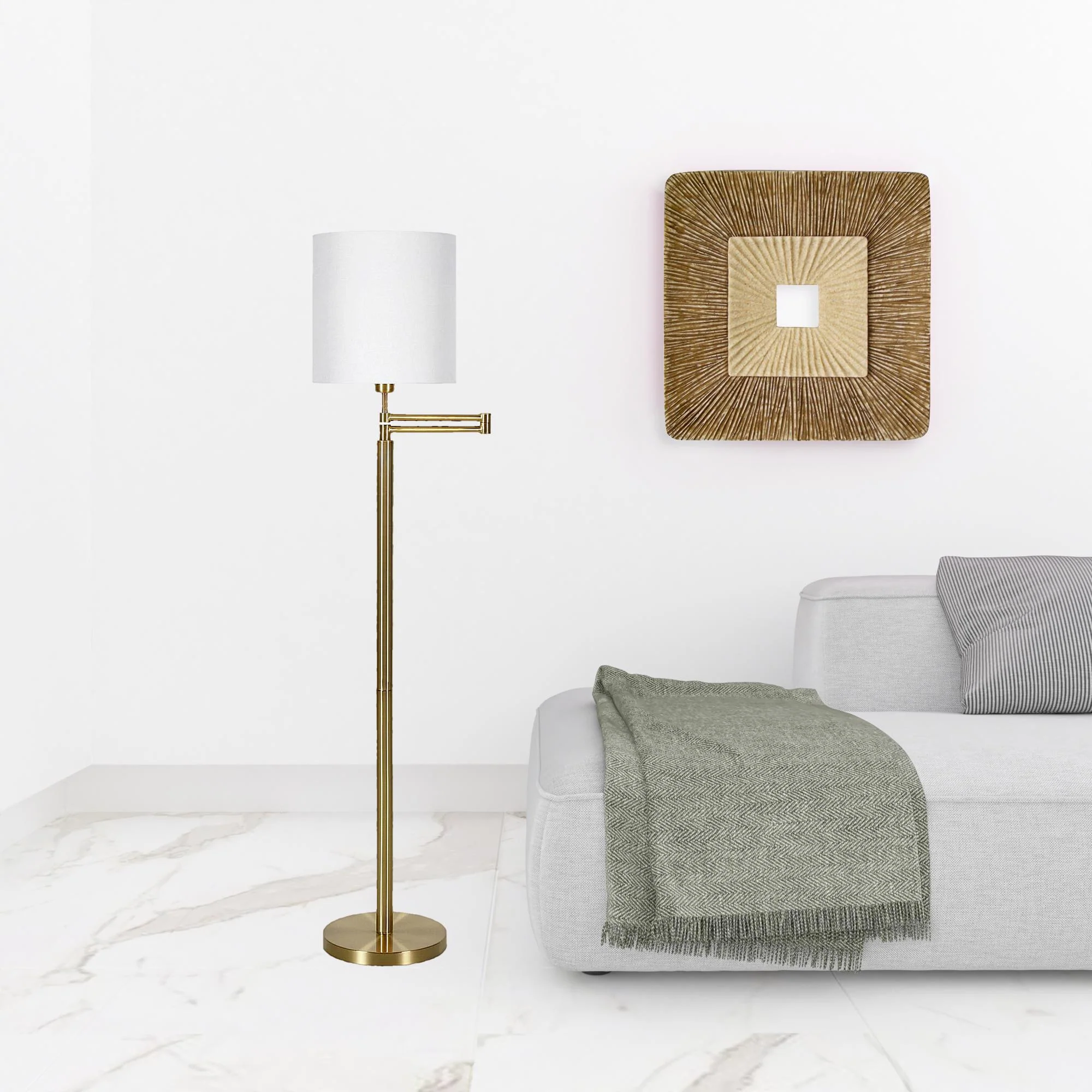 Brass Swing Arm Floor Lamp With White Frosted Glass Drum Shade By Homeroots - Image 3
