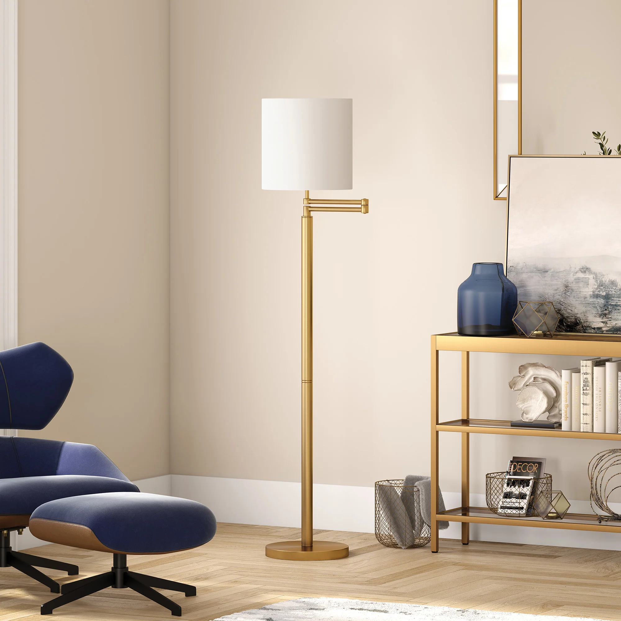 Brass Swing Arm Floor Lamp With White Frosted Glass Drum Shade By Homeroots - Image 5
