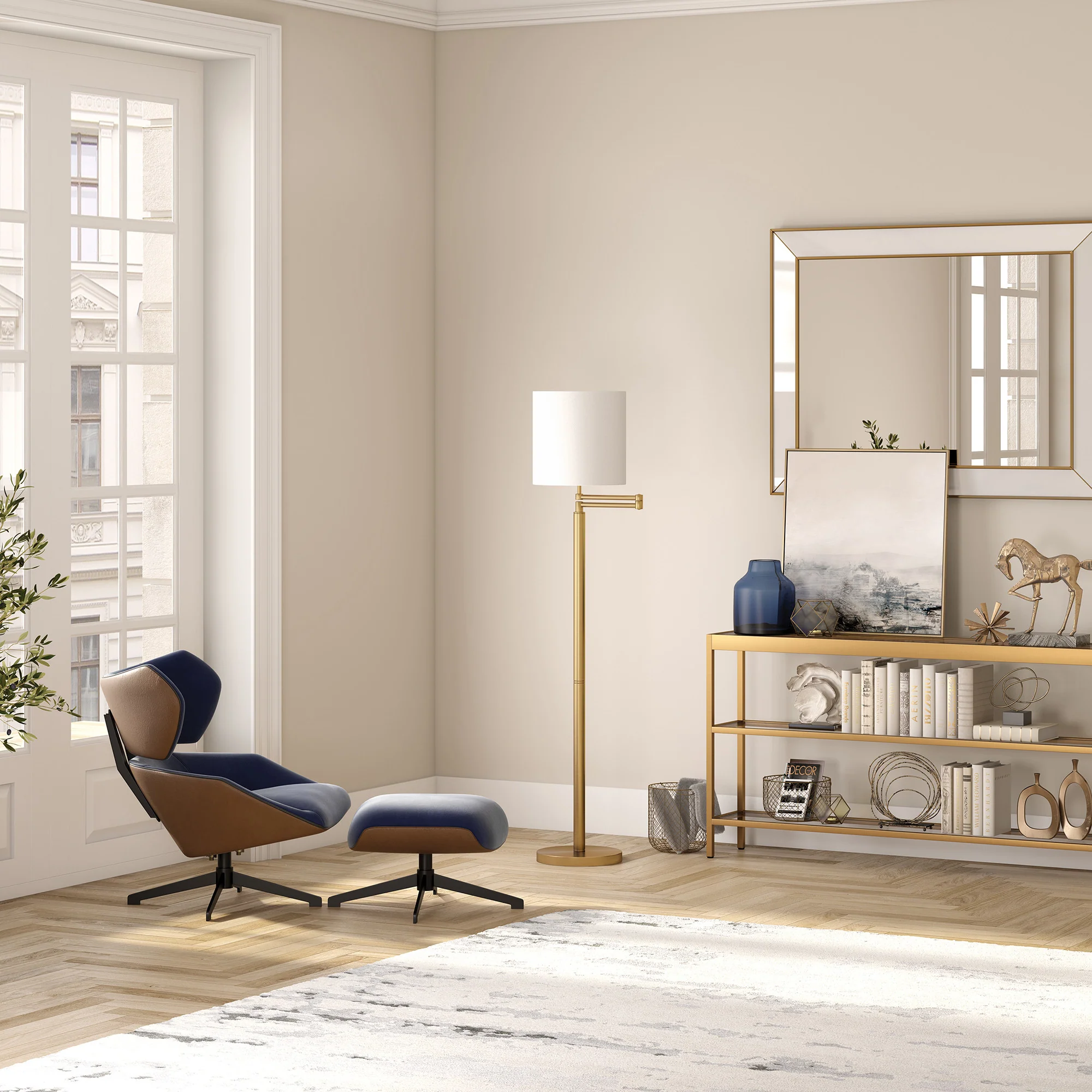 Brass Swing Arm Floor Lamp With White Frosted Glass Drum Shade By Homeroots - Image 6