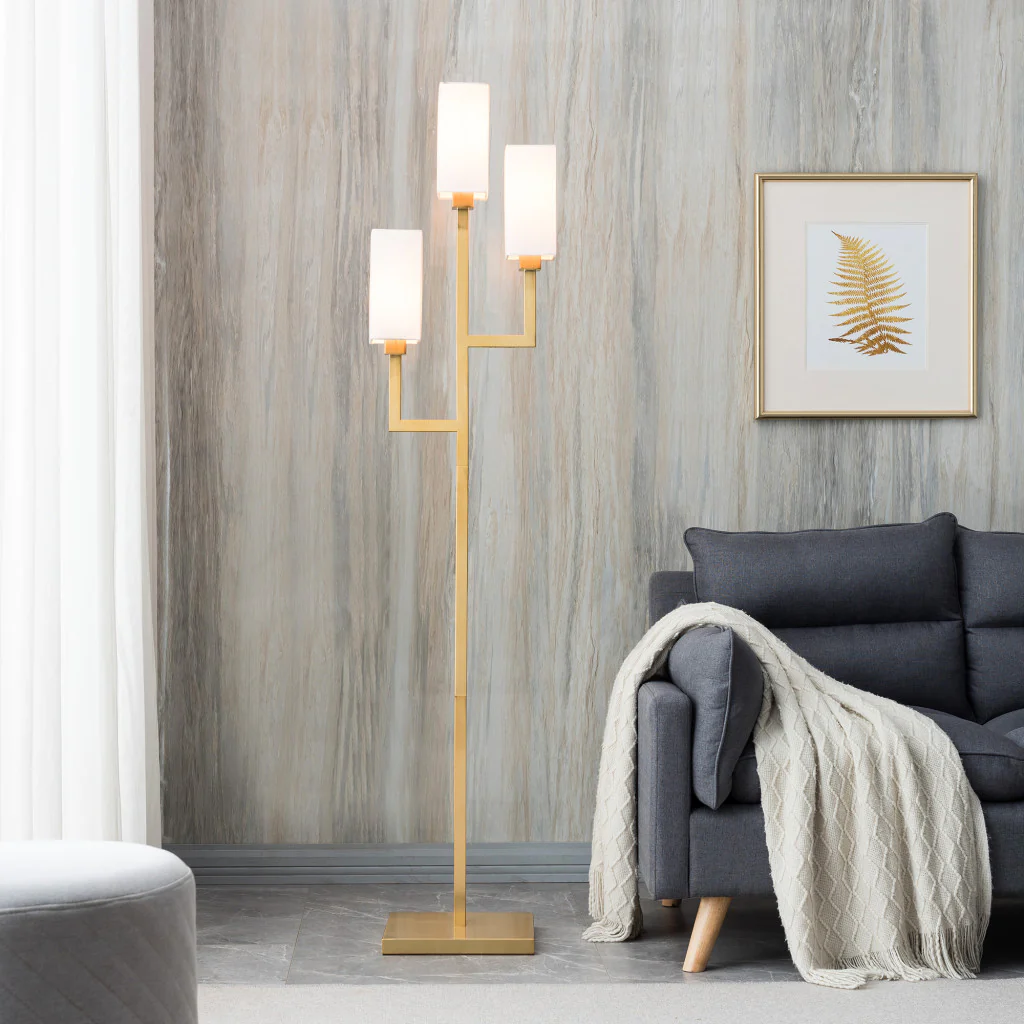 Brass Three Light Torchiere Floor Lamp With White Frosted Glass Rectangular Shade By Homeroots - Image 2