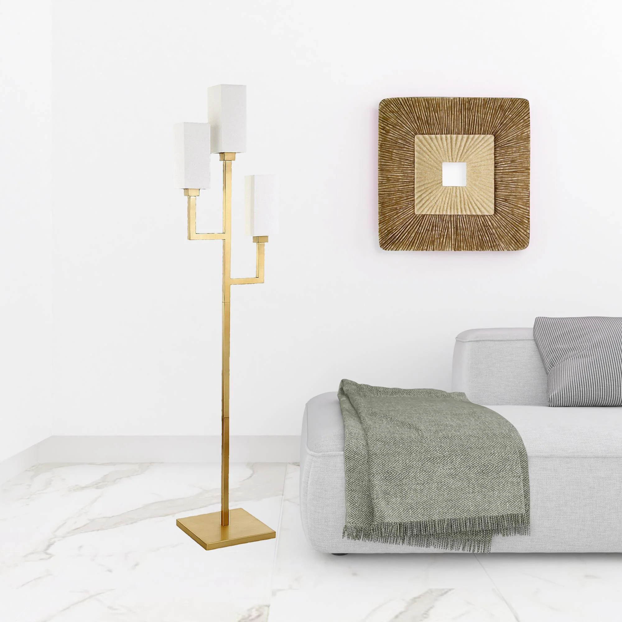 Brass Three Light Torchiere Floor Lamp With White Frosted Glass Rectangular Shade By Homeroots - Image 5