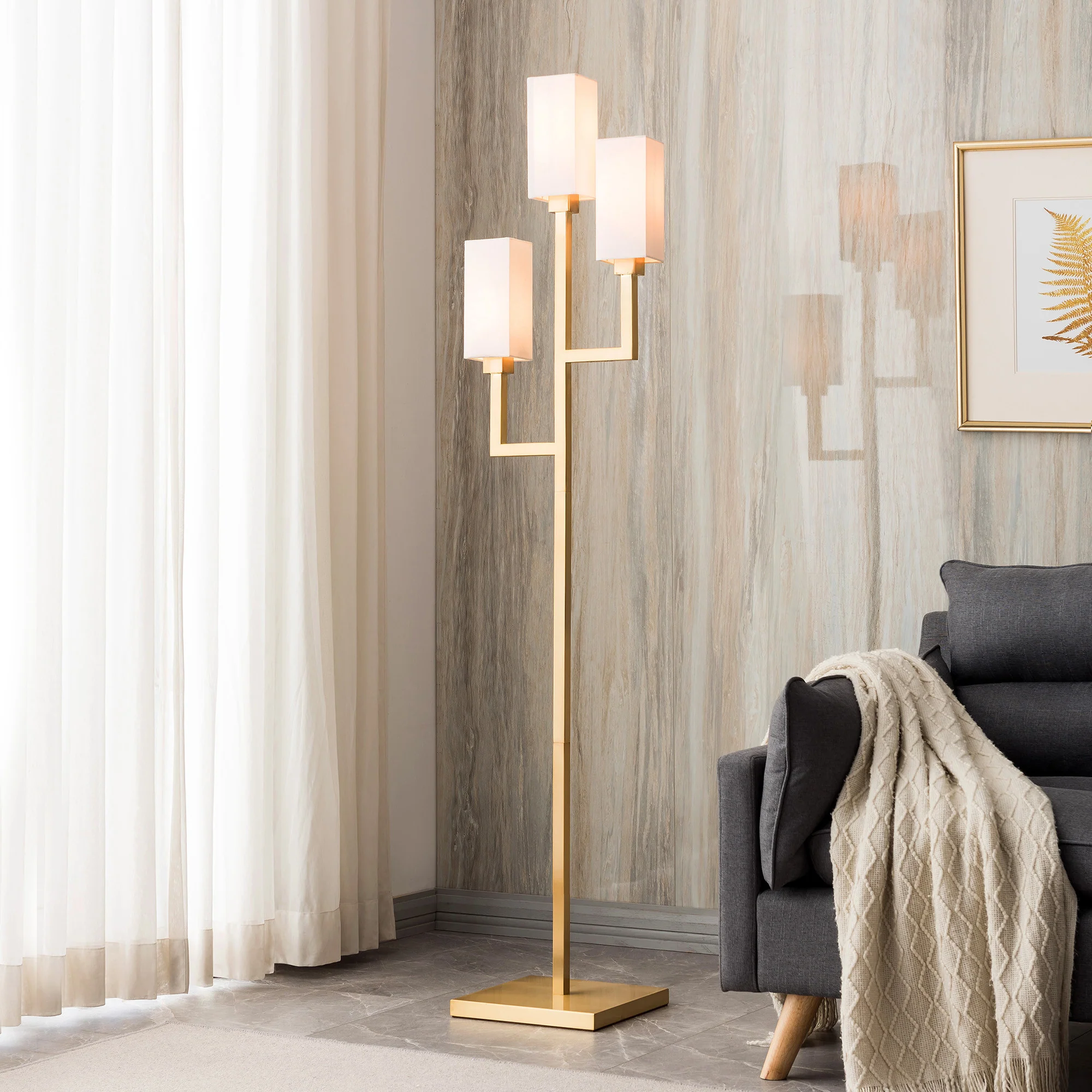Brass Three Light Torchiere Floor Lamp With White Frosted Glass Rectangular Shade By Homeroots - Image 6