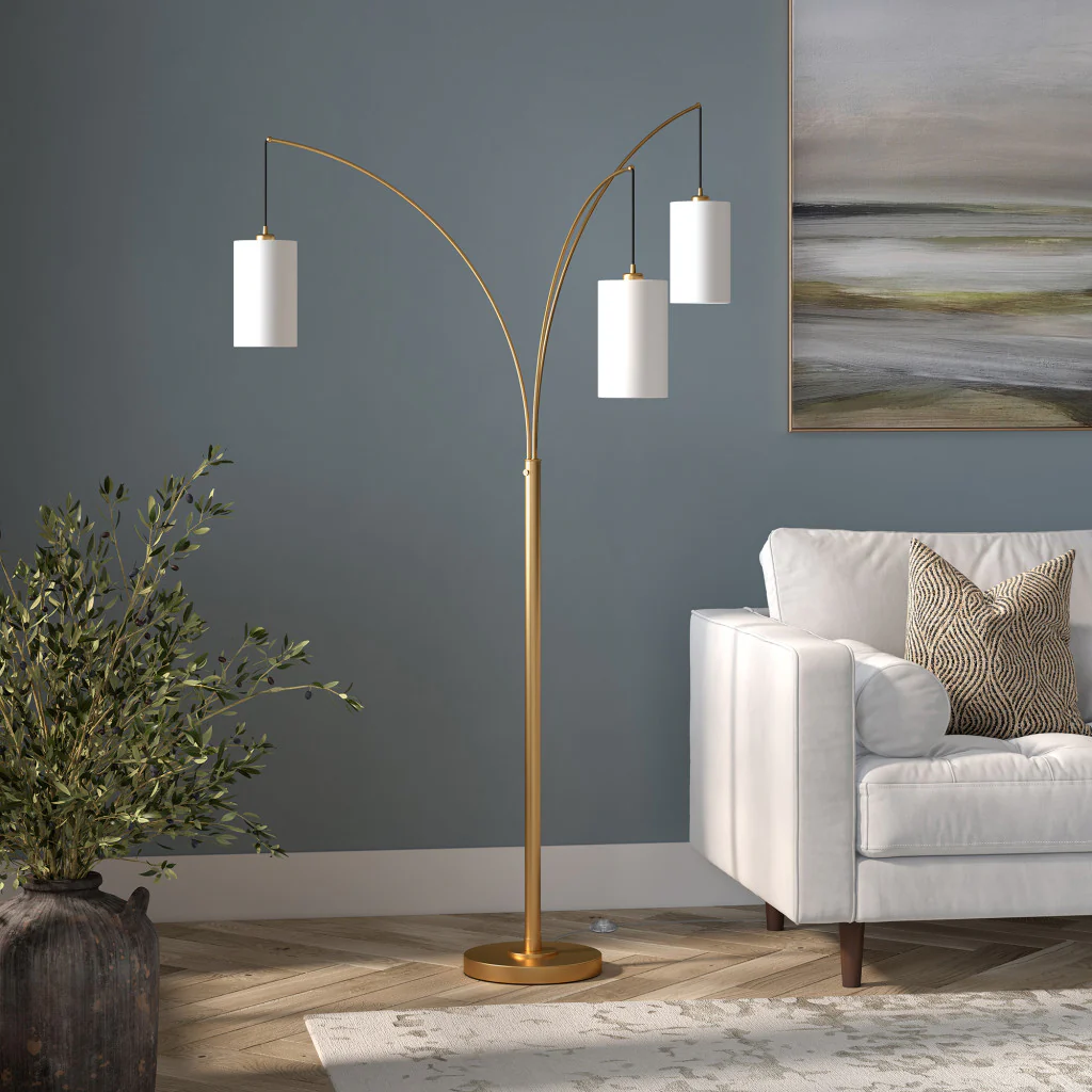 Brass Three Light Tree Floor Lamp With White Frosted Glass Drum Shade By Homeroots - Image 2