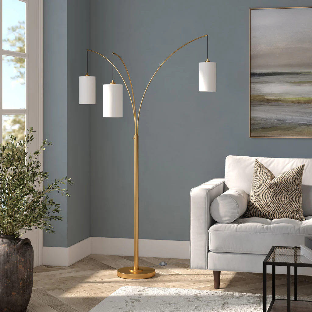 Brass Three Light Tree Floor Lamp With White Frosted Glass Drum Shade By Homeroots - Image 6