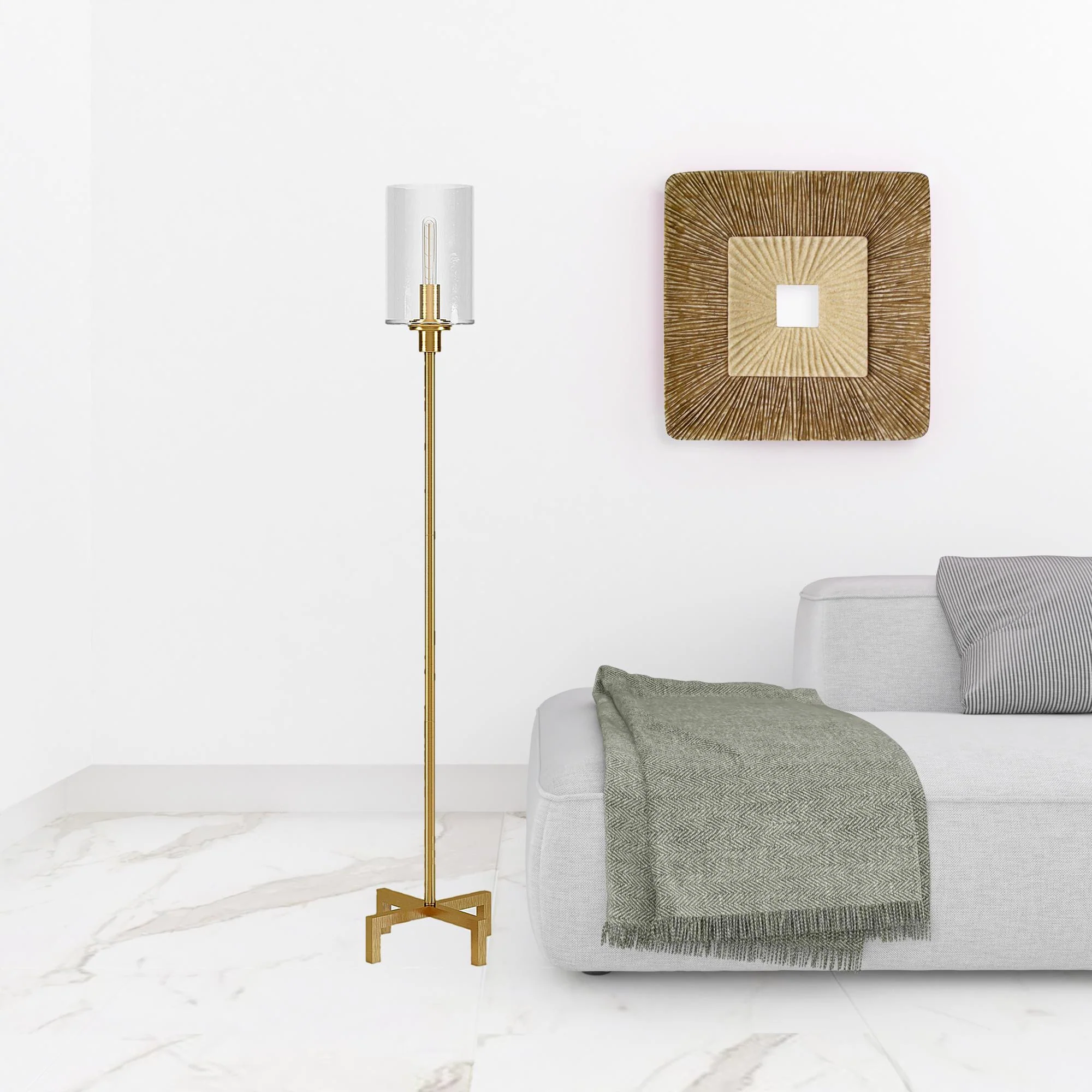 Brass Torchiere Floor Lamp With Clear Transparent Glass Drum Shade By Homeroots - Image 4