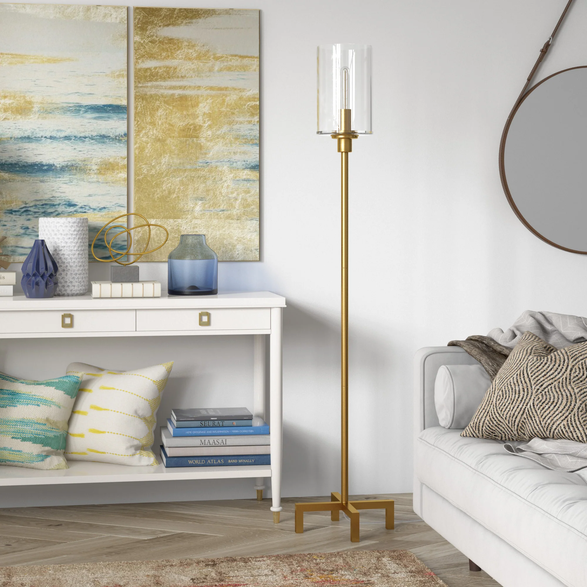 Brass Torchiere Floor Lamp With Clear Transparent Glass Drum Shade By Homeroots - Image 6