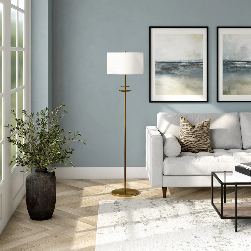 Brass Traditional Shaped Floor Lamp With White Frosted Glass Drum Shade By Homeroots - Image 3