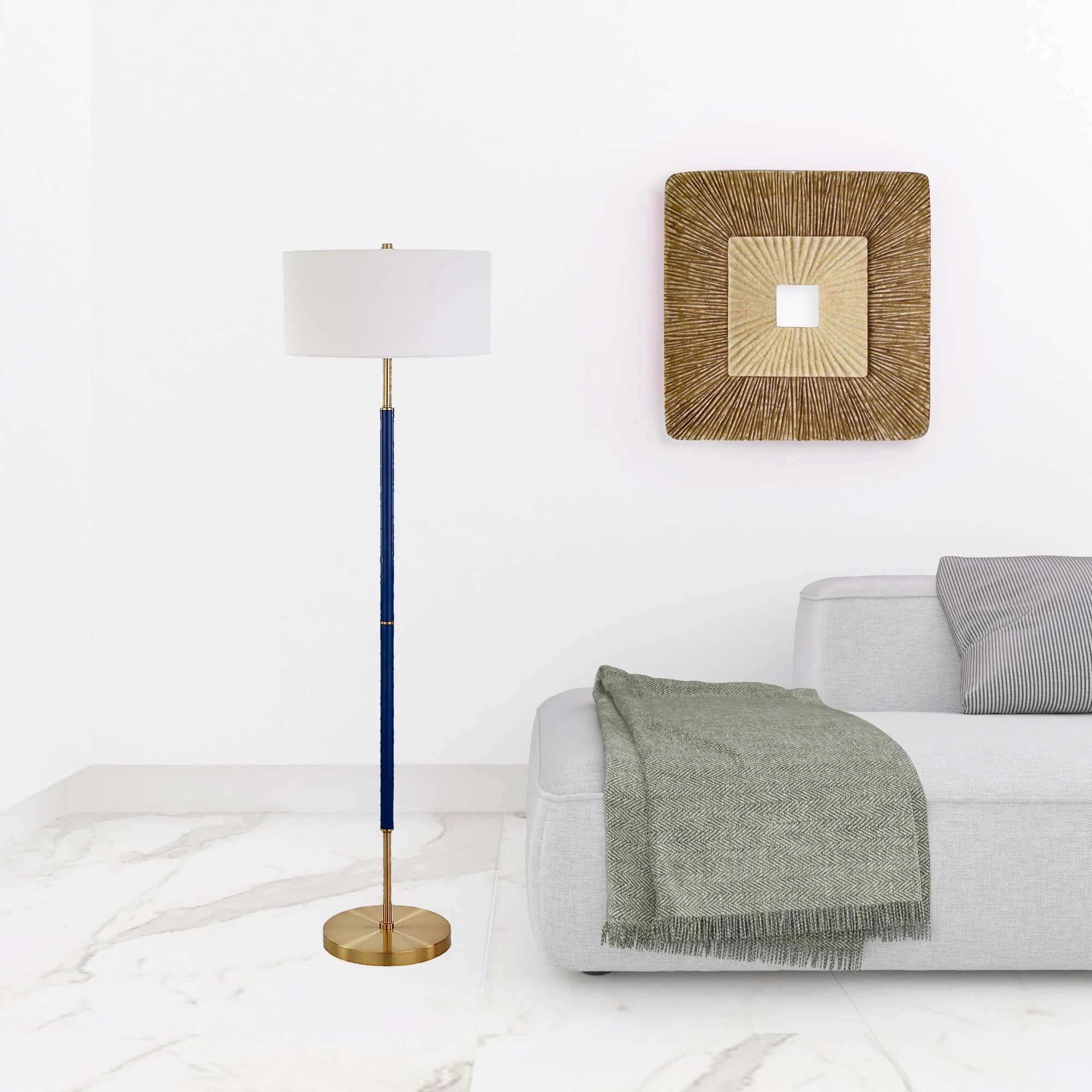 Brass Two Light Floor Lamp With White Frosted Glass Drum Shade By Homeroots - Image 2