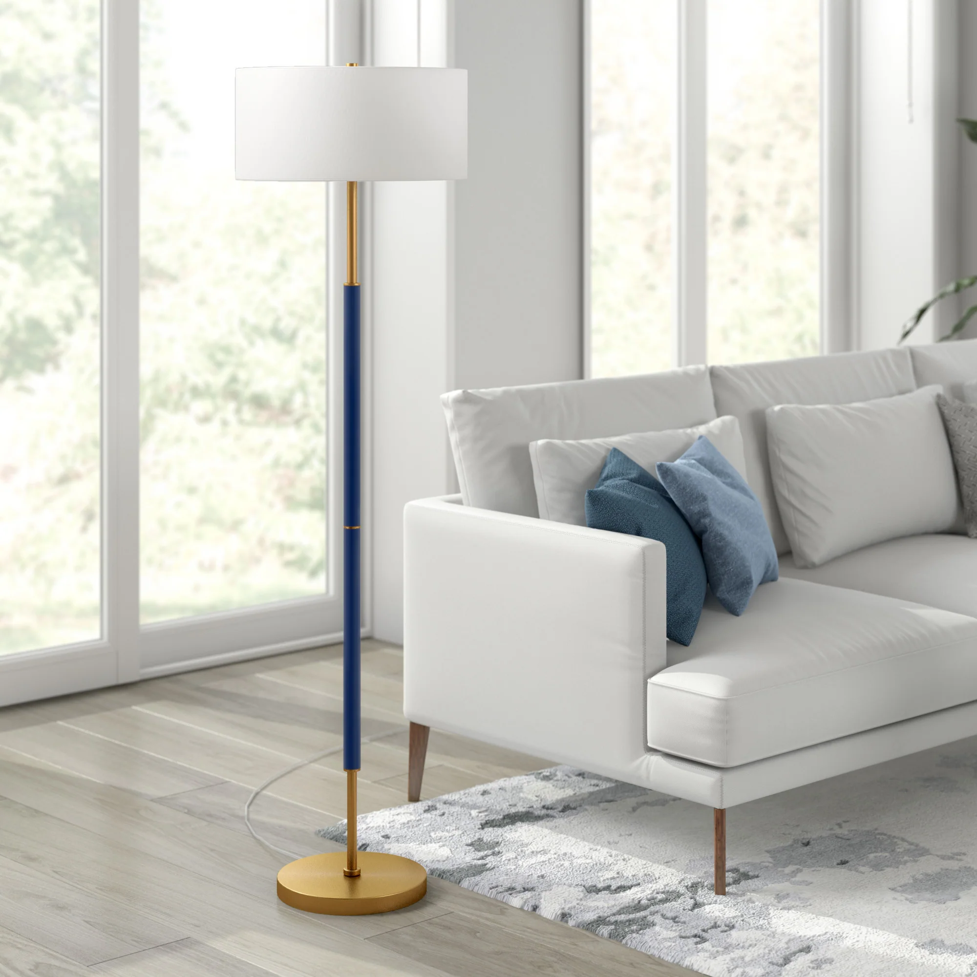 Brass Two Light Floor Lamp With White Frosted Glass Drum Shade By Homeroots - Image 5