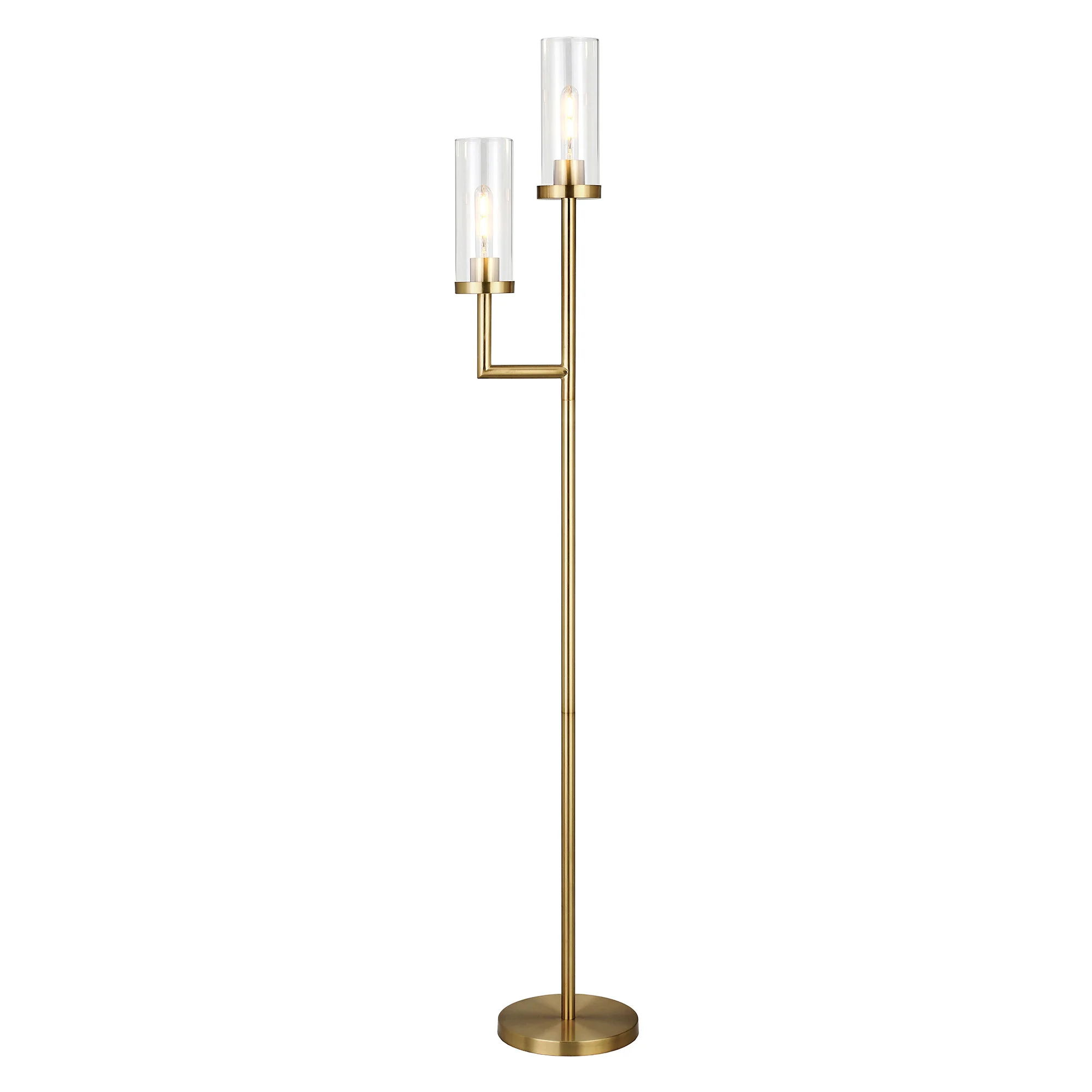 Brass Two Light Torchiere Floor Lamp With Clear Transparent Glass Drum Shade By Homeroots - Image 2