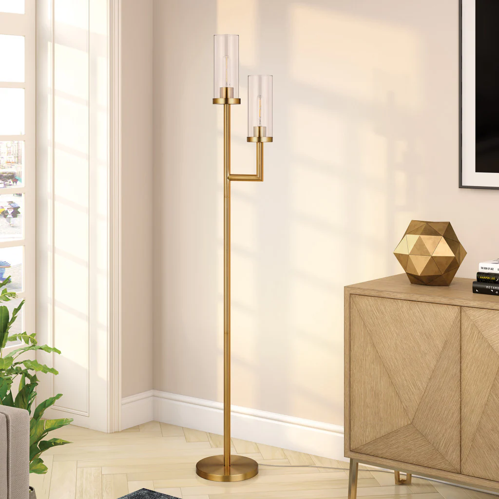 Brass Two Light Torchiere Floor Lamp With Clear Transparent Glass Drum Shade By Homeroots - Image 5