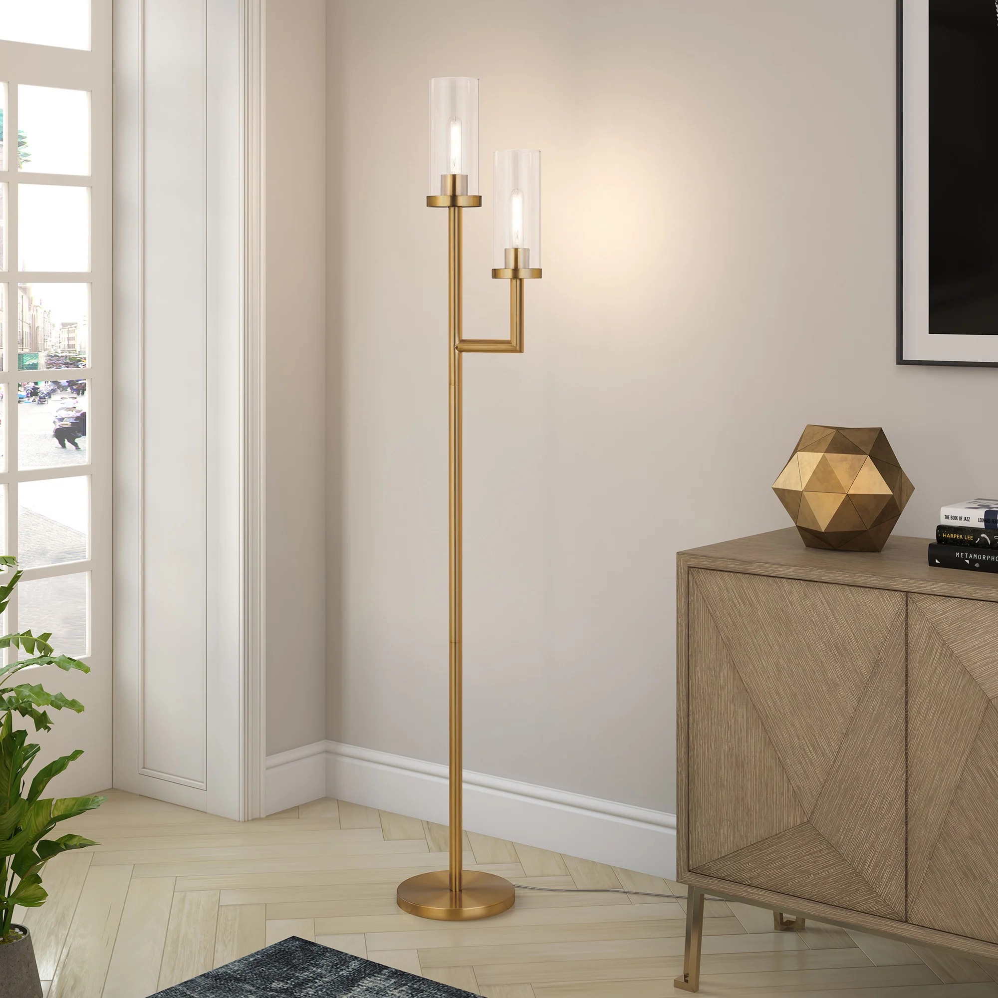 Brass Two Light Torchiere Floor Lamp With Clear Transparent Glass Drum Shade By Homeroots - Image 6