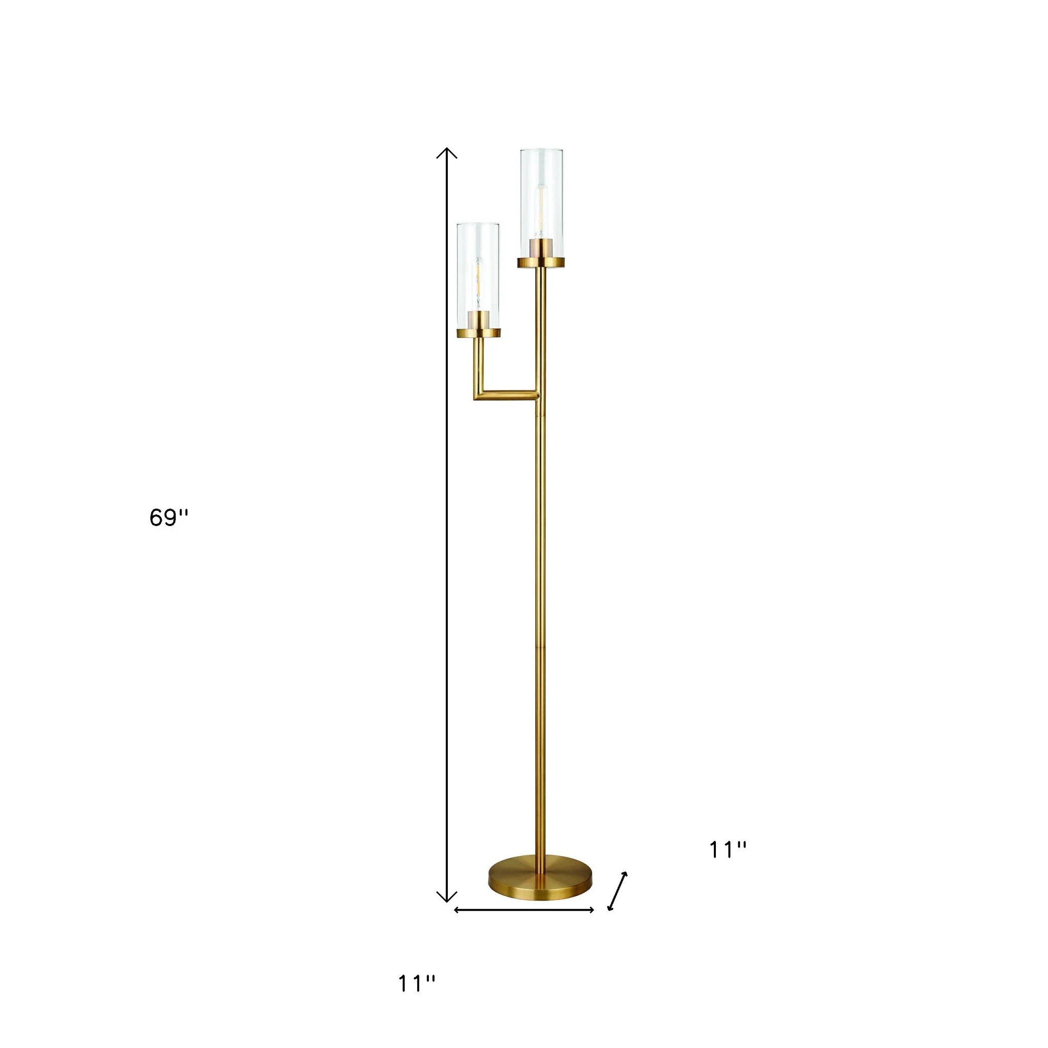 Brass Two Light Torchiere Floor Lamp With Clear Transparent Glass Drum Shade By Homeroots - Image 7