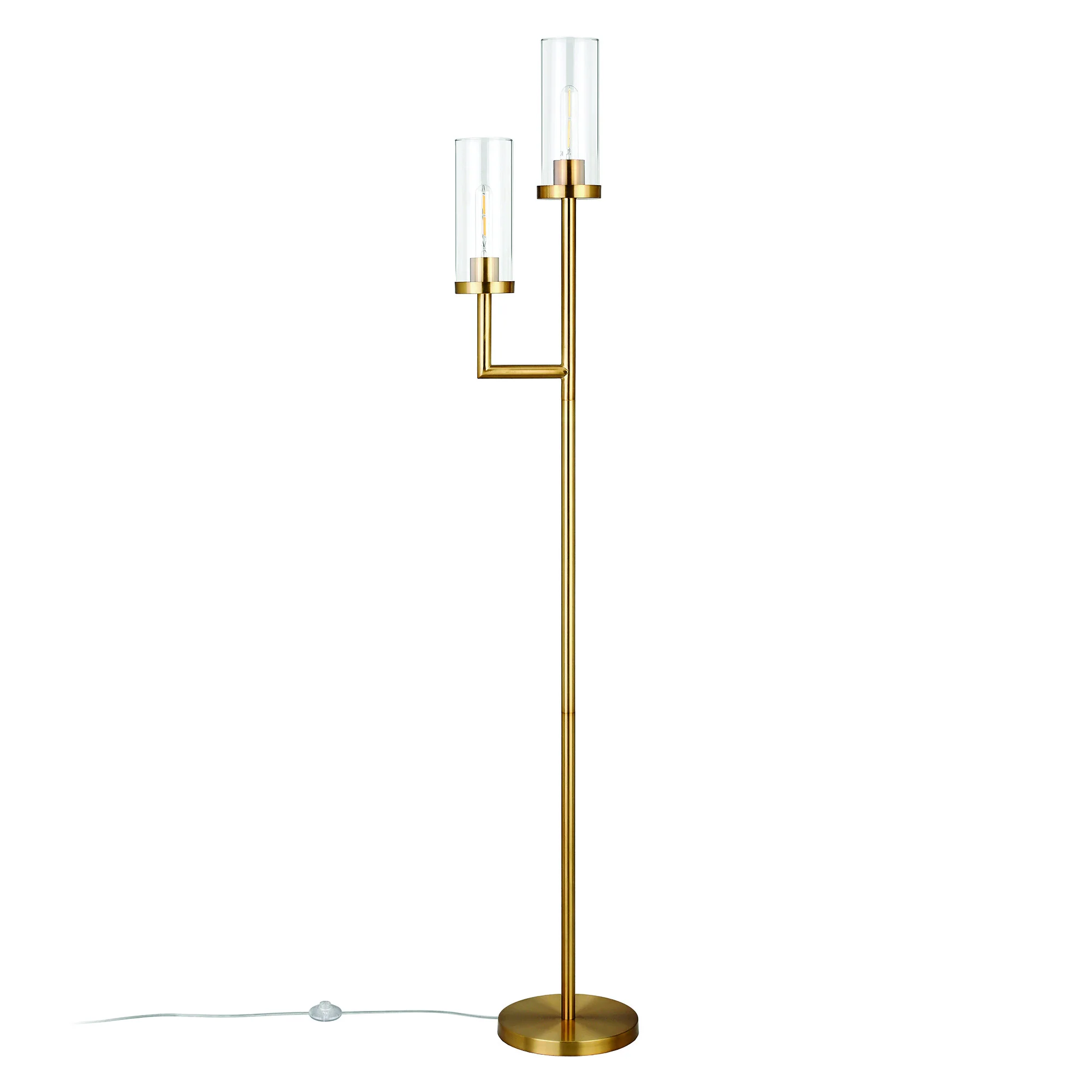 Brass Two Light Torchiere Floor Lamp With Clear Transparent Glass Drum Shade By Homeroots - Image 8