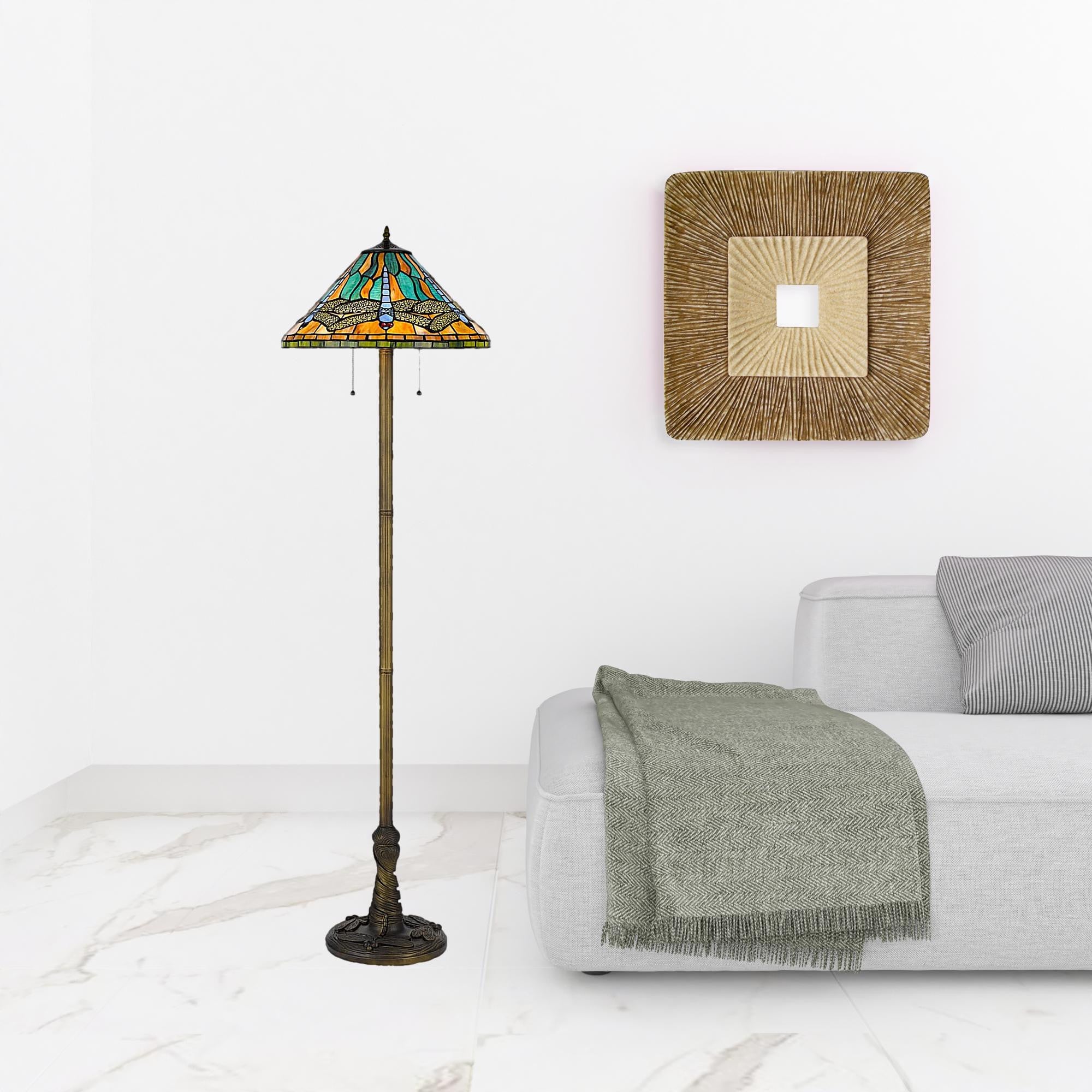 Brass Two Light Traditional Shaped Floor Lamp With Blue and Orange Dragonfly Tiffany Glass Empire Shade By Homeroots - Image 2