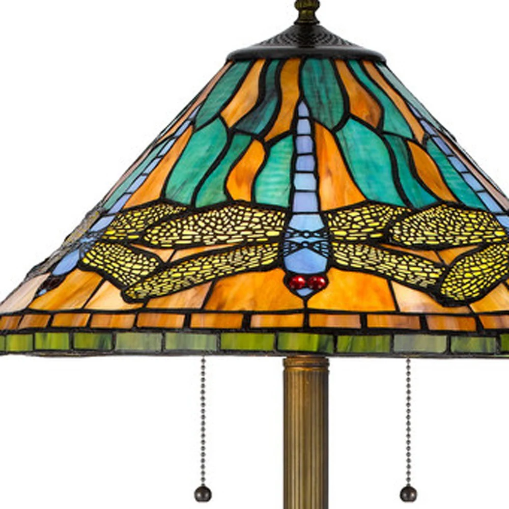 Brass Two Light Traditional Shaped Floor Lamp With Blue and Orange Dragonfly Tiffany Glass Empire Shade By Homeroots - Image 3