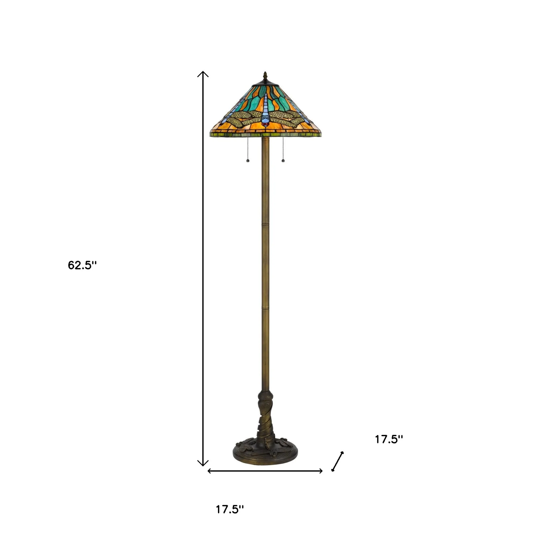 Brass Two Light Traditional Shaped Floor Lamp With Blue and Orange Dragonfly Tiffany Glass Empire Shade By Homeroots - Image 4