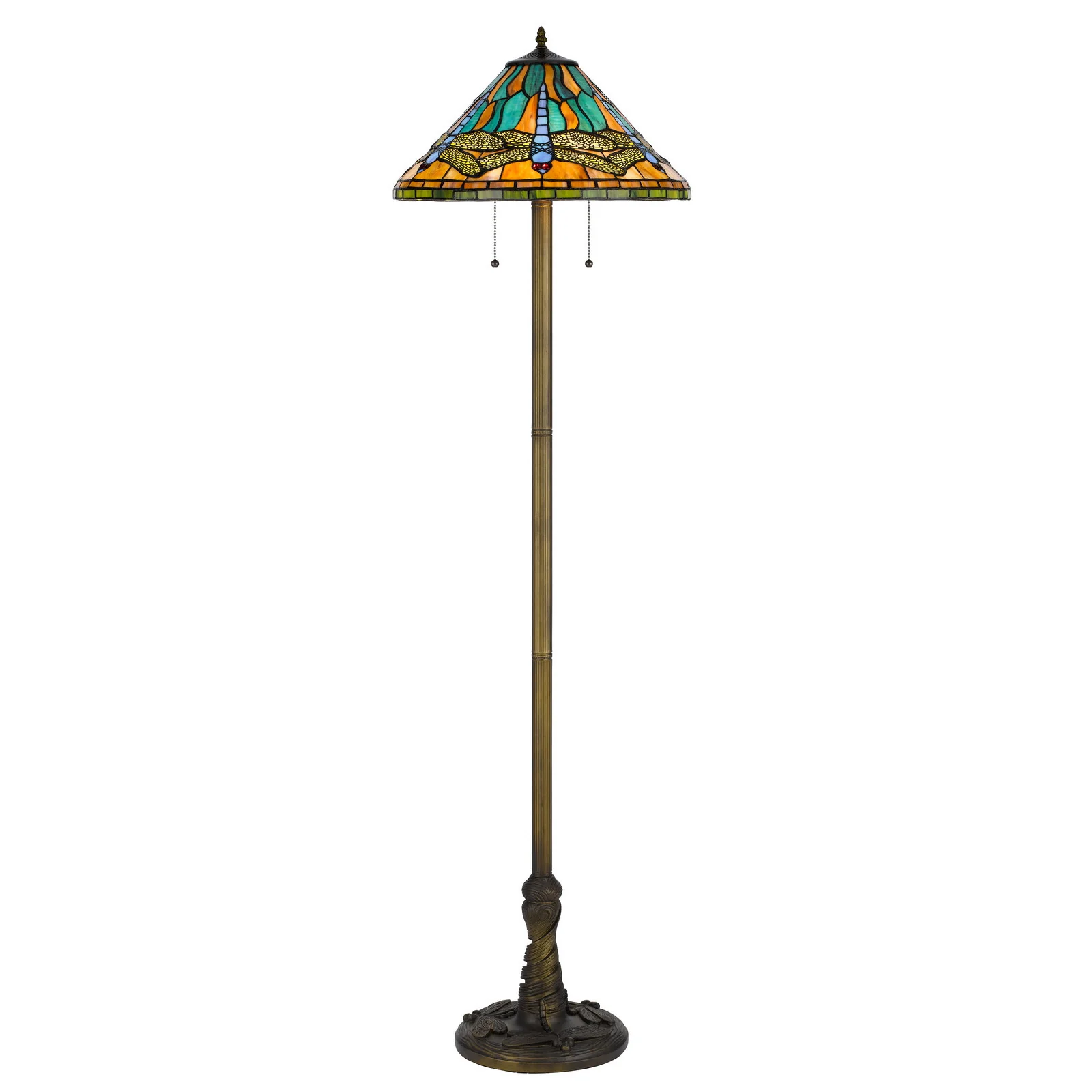 Brass Two Light Traditional Shaped Floor Lamp With Blue and Orange Dragonfly Tiffany Glass Empire Shade By Homeroots - Image 5