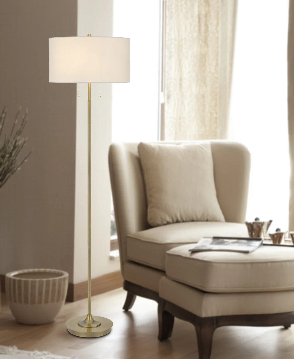 Brass Two Light Traditional Shaped Floor Lamp With White Rectangular Shade By Homeroots - Image 2