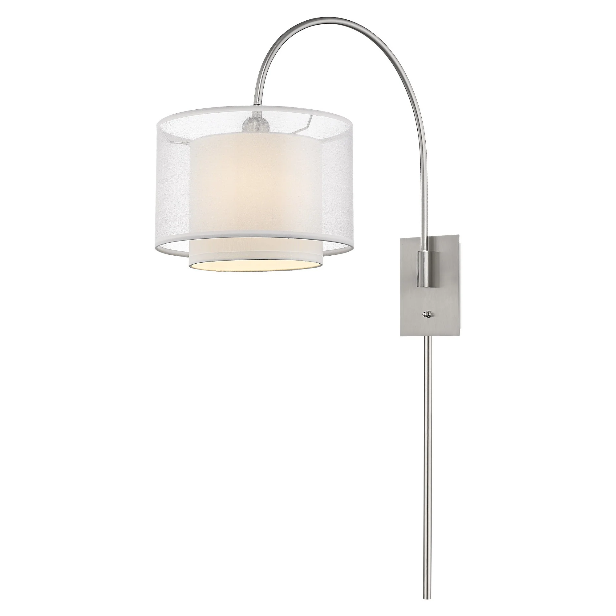 Brella 1-Light Brushed Nickel Swivel Wall Lamp With Sheer Snow Shantung Two Tier Shade By Homeroots - Image 2