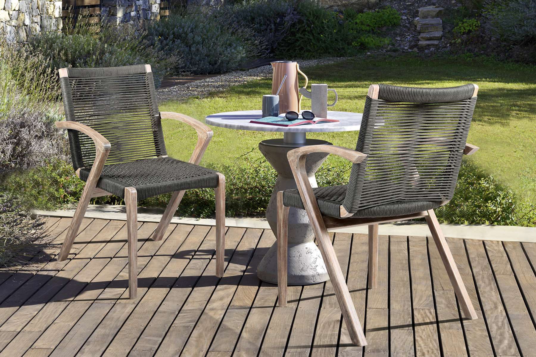 Brielle Outdoor Light Eucalyptus Wood and Charcoal Rope Dining Chairs - Set of 2 By Armen Living - Image 2
