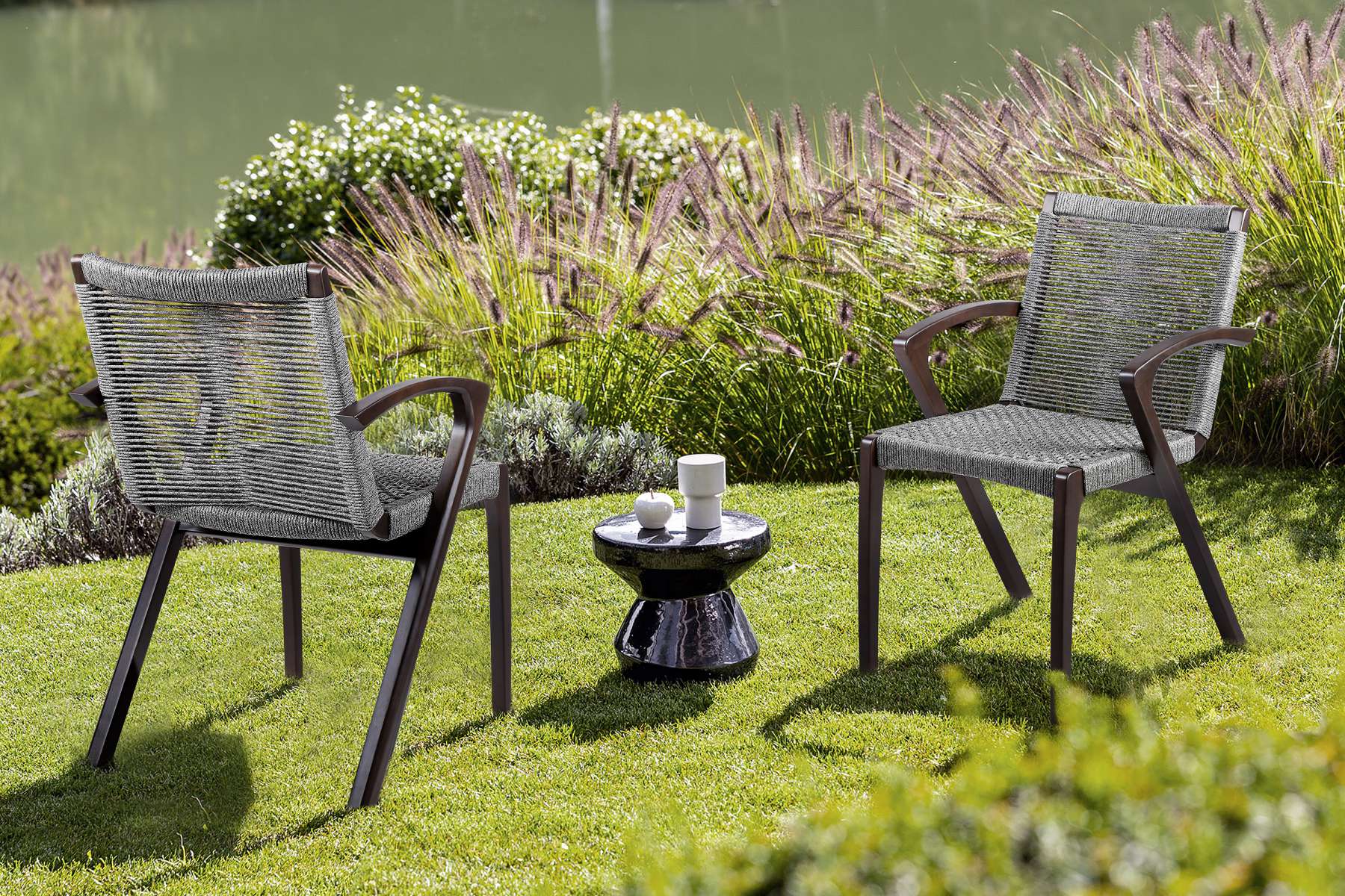 Brielle Outdoor Light Eucalyptus Wood and Charcoal Rope Dining Chairs - Set of 2 By Armen Living - Image 6
