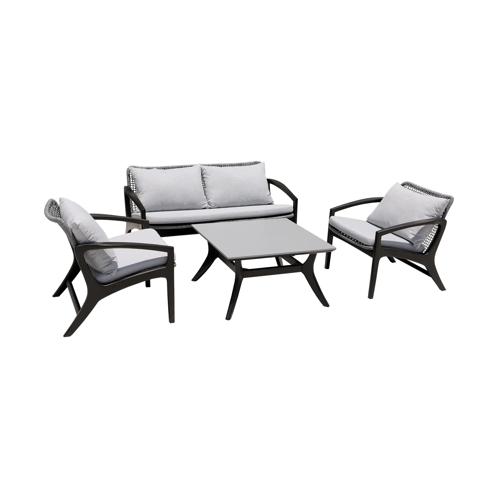 Brighton 4 Piece Outdoor Patio Seating Set in Dark Eucalyptus Wood with Grey Rope and White Cushions By Armen Living - Image 2
