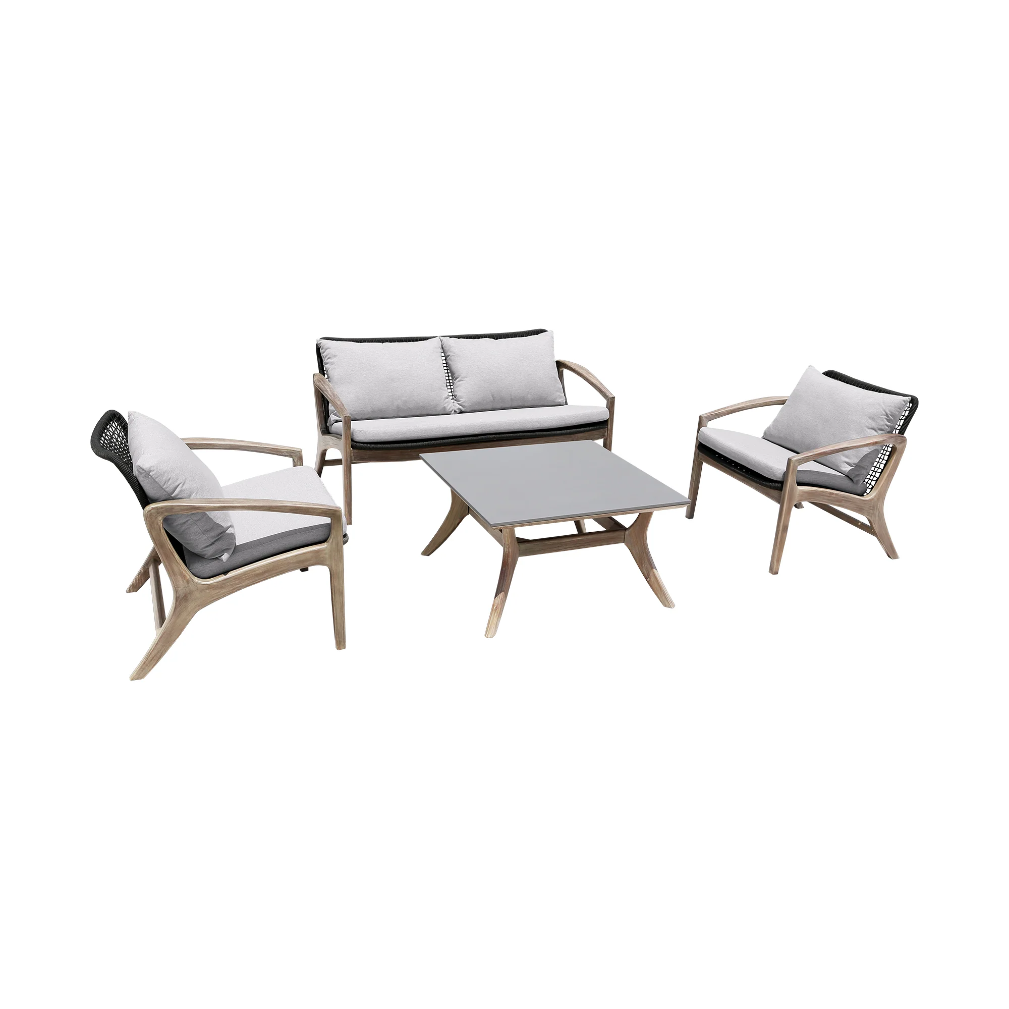 Brighton 4 Piece Outdoor Patio Seating Set in Light Eucalyptus Wood with Charocal Rope and White Cushions By Armen Living - Image 2