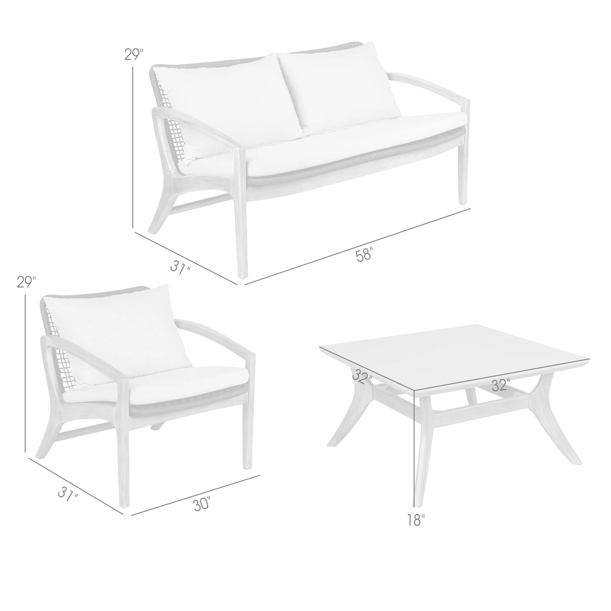 Brighton 4 Piece Outdoor Patio Seating Set in Light Eucalyptus Wood with Charocal Rope and White Cushions By Armen Living - Image 9