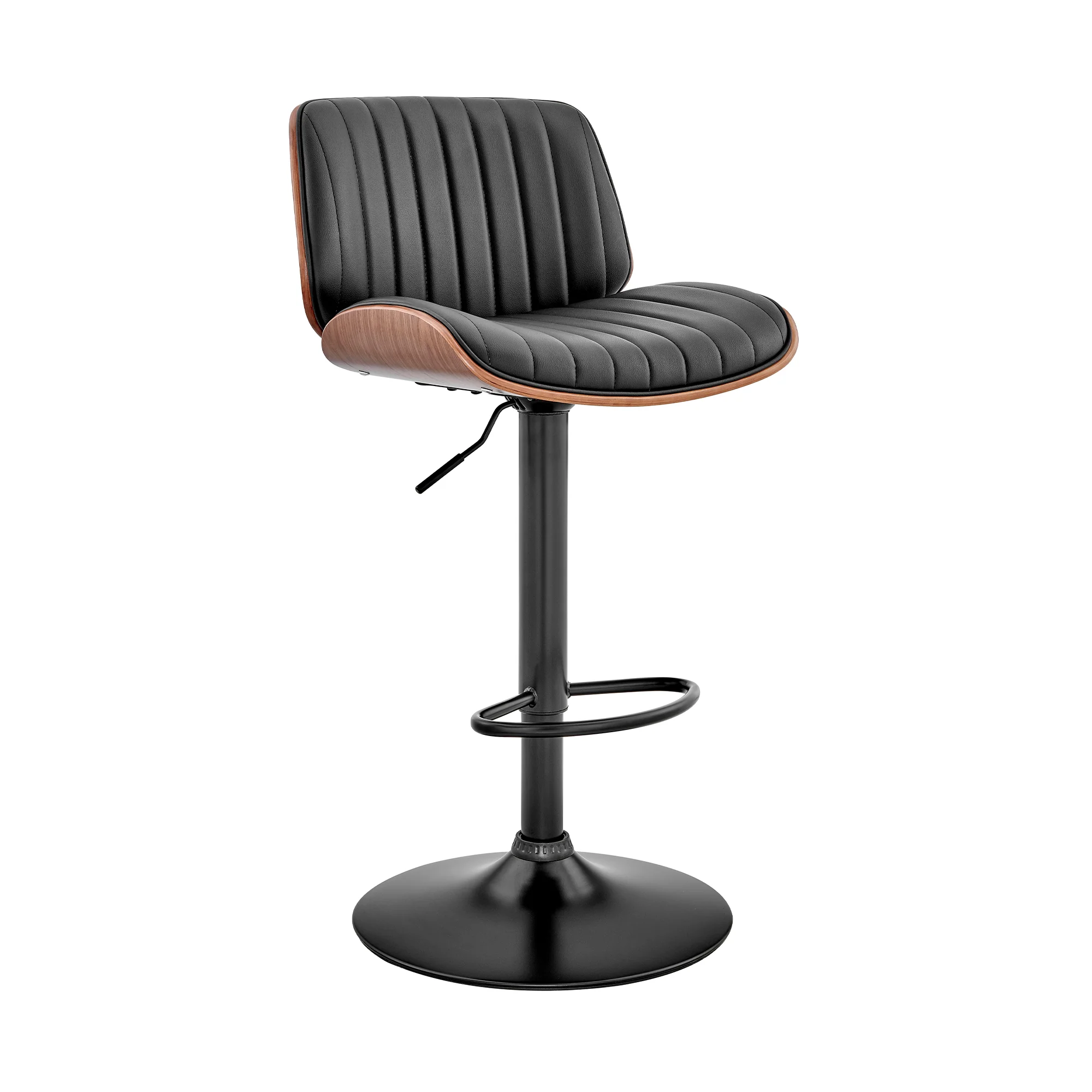 Brock Adjustable Black Faux Leather and Walnut Wood Bar Stool with Black Base By Armen Living - Image 2