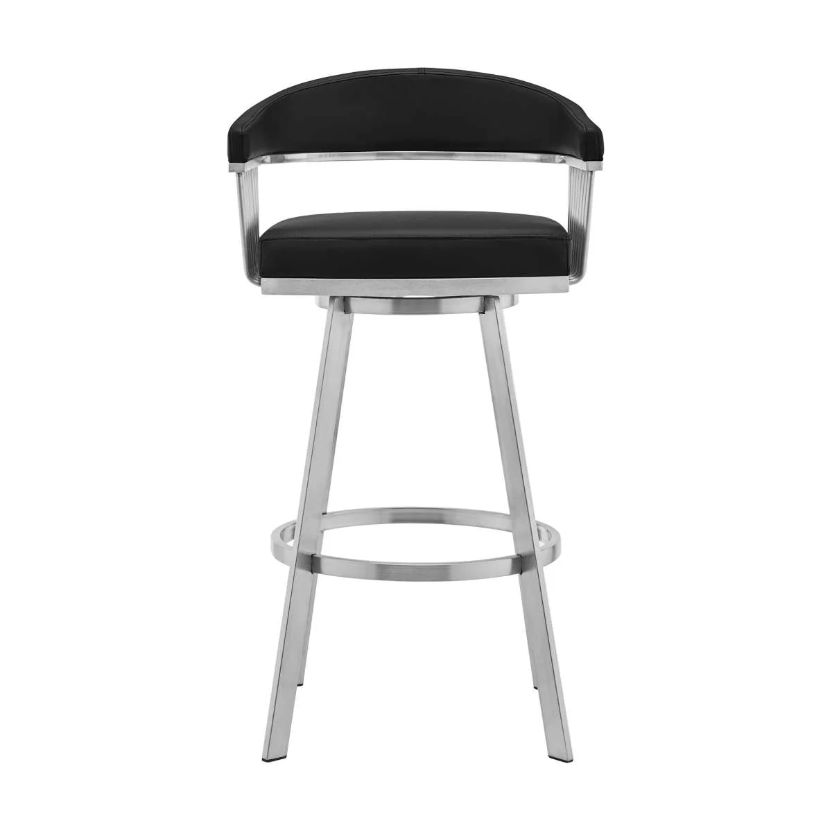 Bronson 30" Black Faux Leather and Brushed Stainless Steel Swivel Bar Stool By Armen Living - Image 4
