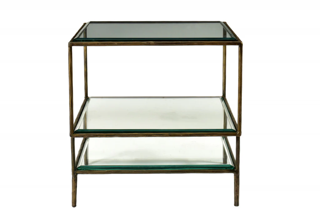 Bronze And Clear Glass And Iron Square End Table With Two Shelves By Homeroots - Image 5