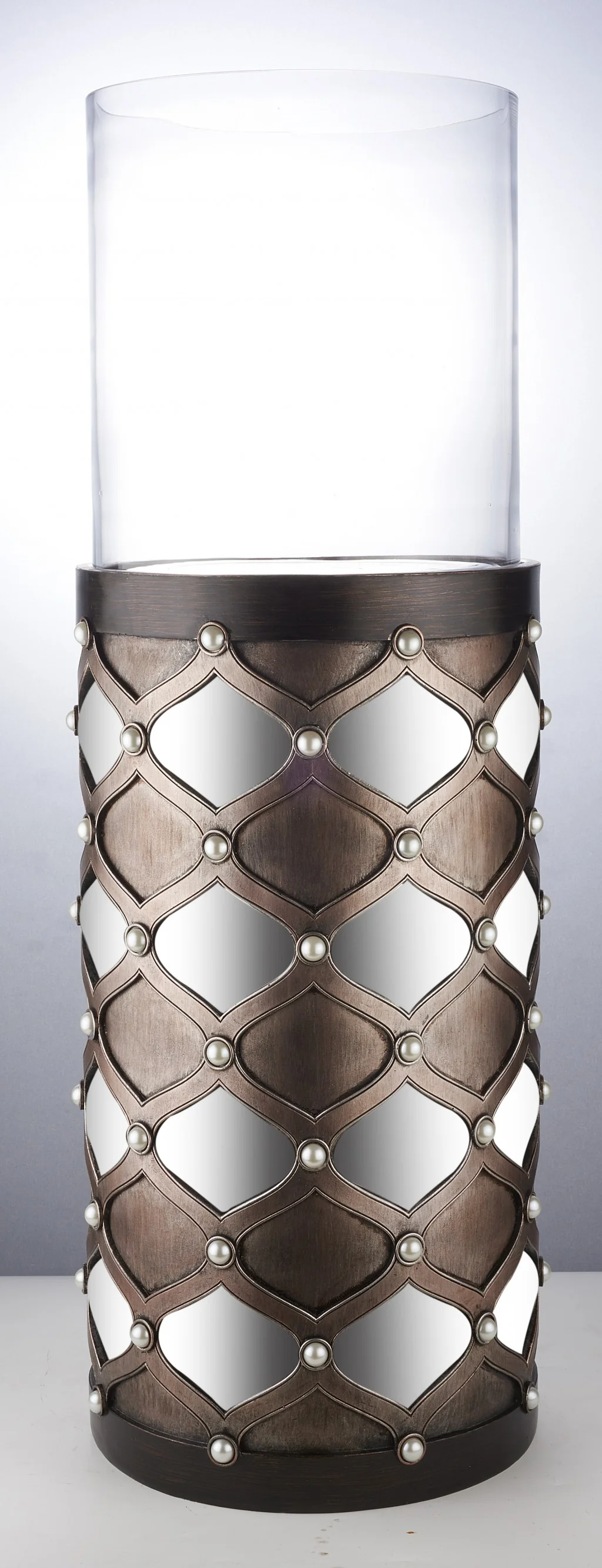 Bronze and Silver with Pearls Floor Hurricane Candle Holder By Homeroots - Image 6