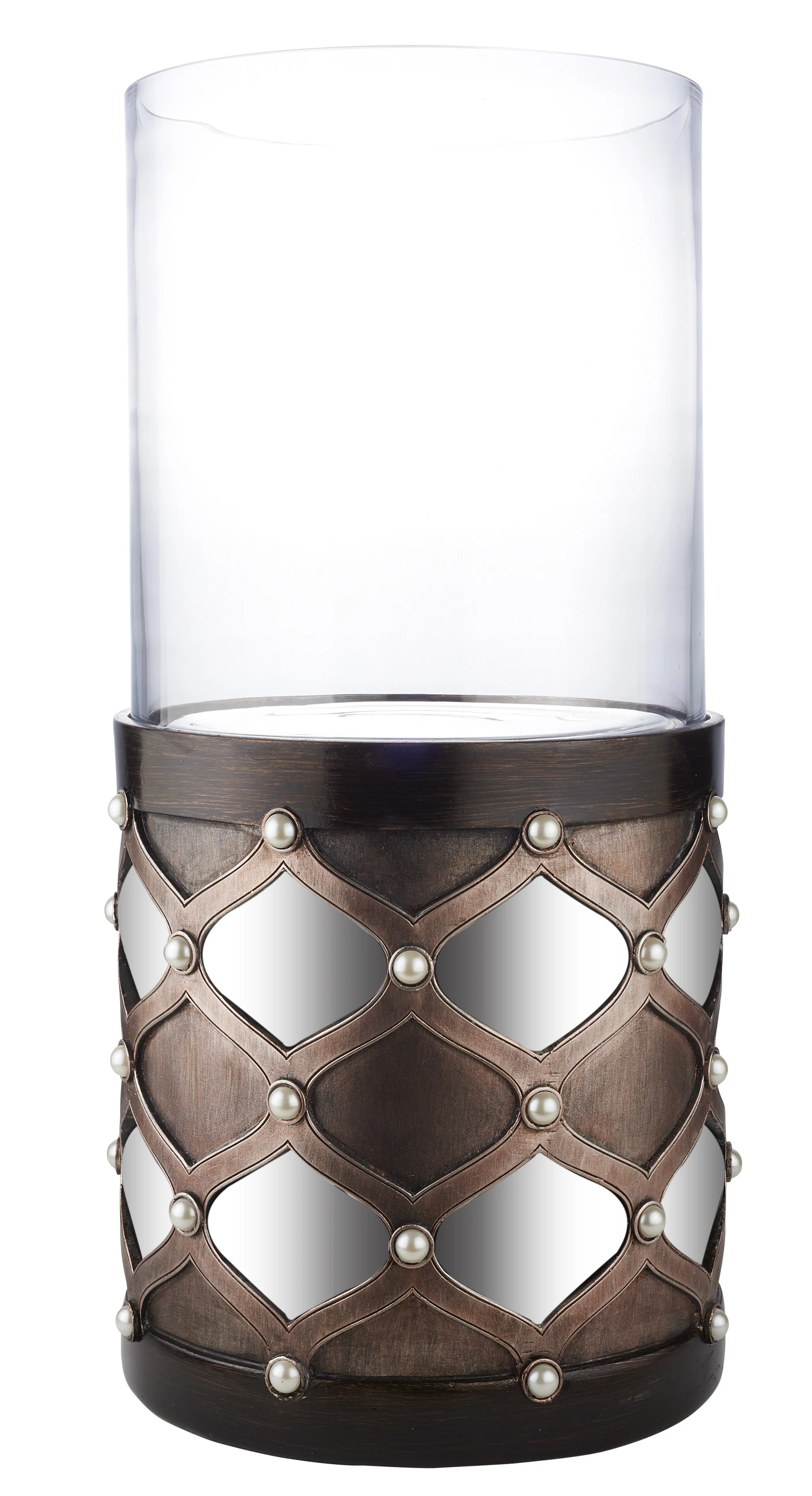 Bronze and Silver with Pearls Tabletop Hurricane Candle Holder By Homeroots - Image 3