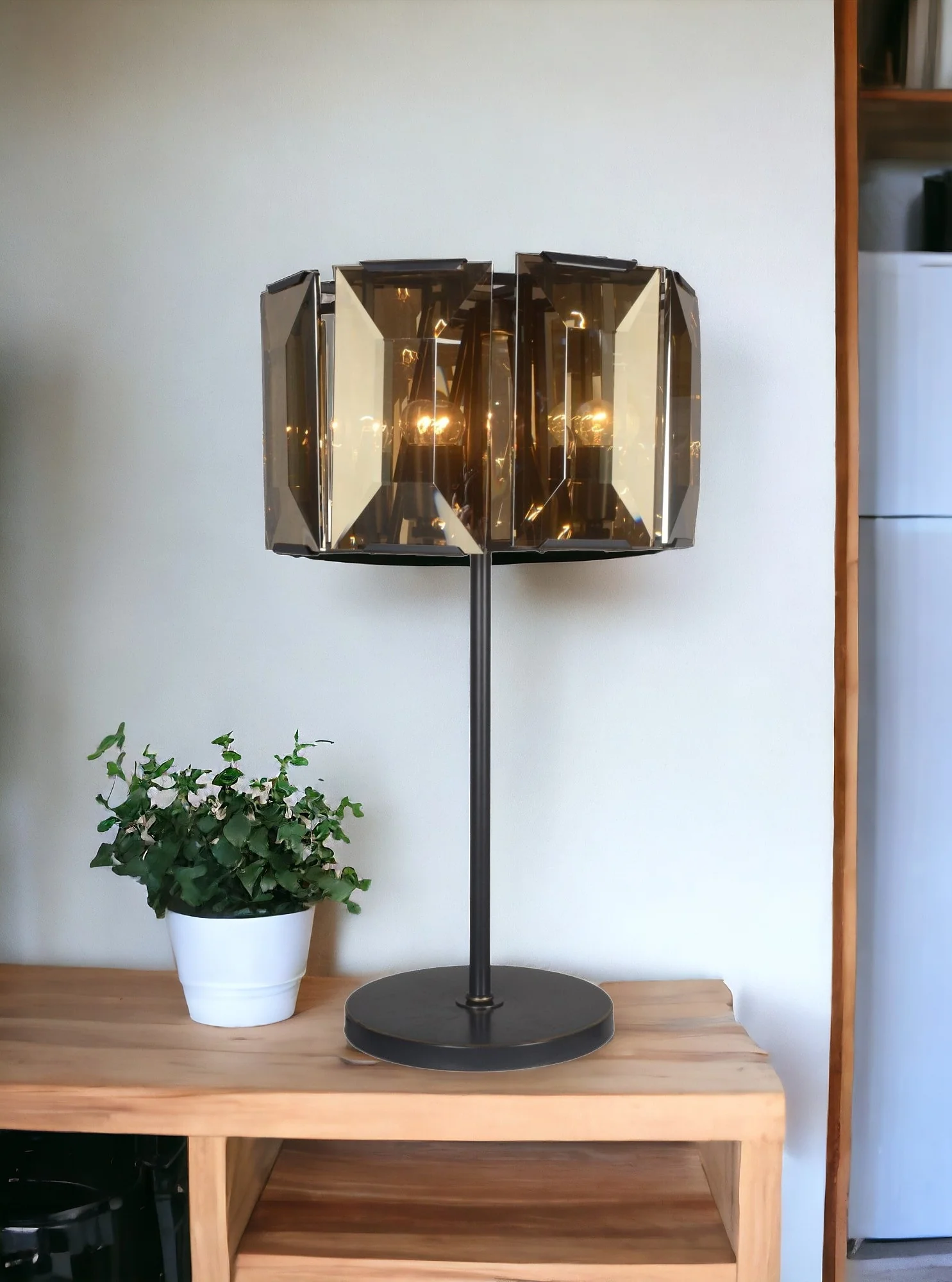 Bronze Metal Four Light Cylinder Bedside Table Lamp With Amber Round Shade By Homeroots - Image 2