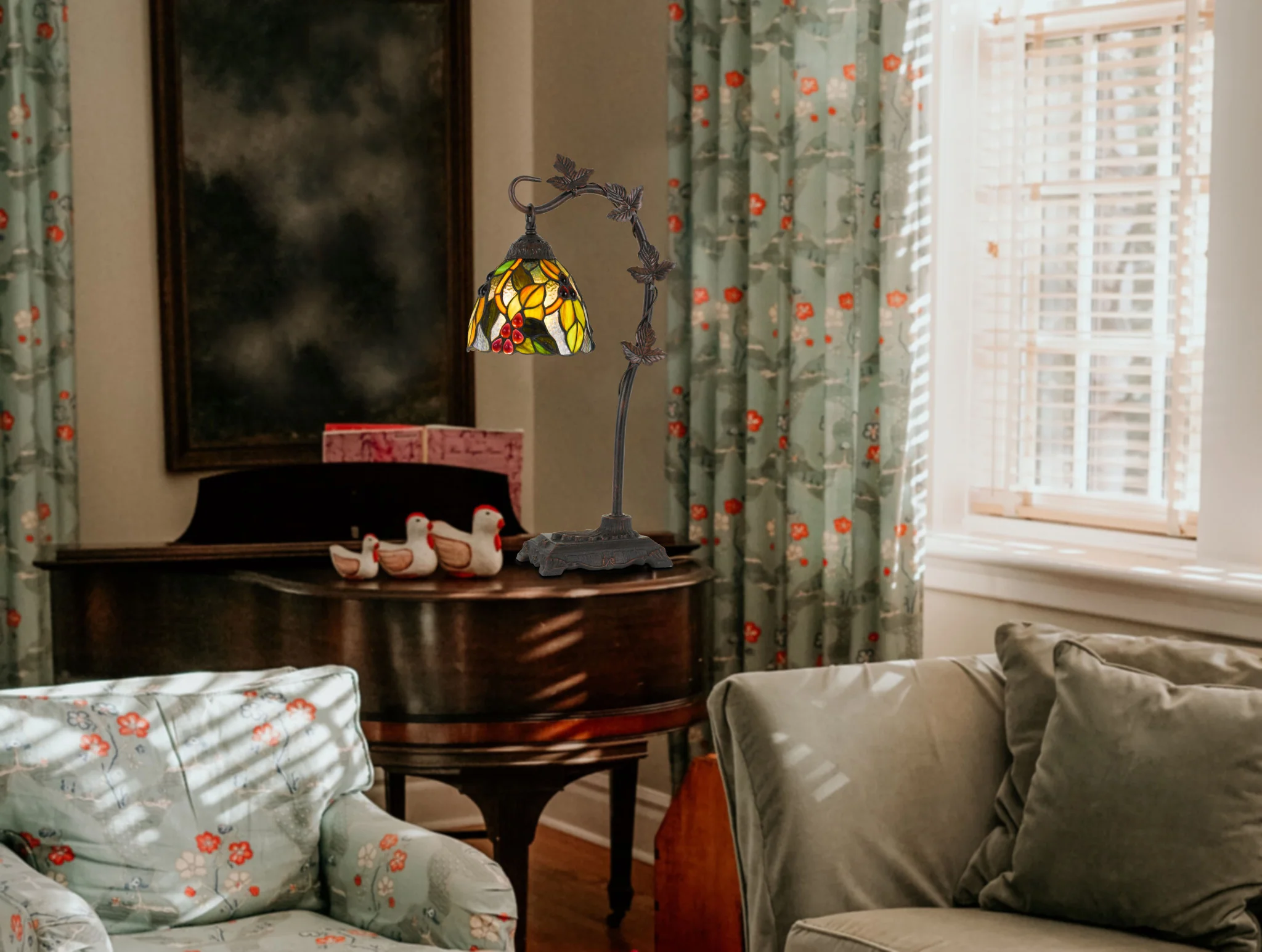 Bronze Metal Tiffany Style Table Lamp With Hanging Stained Glass Shade By Homeroots - Image 2